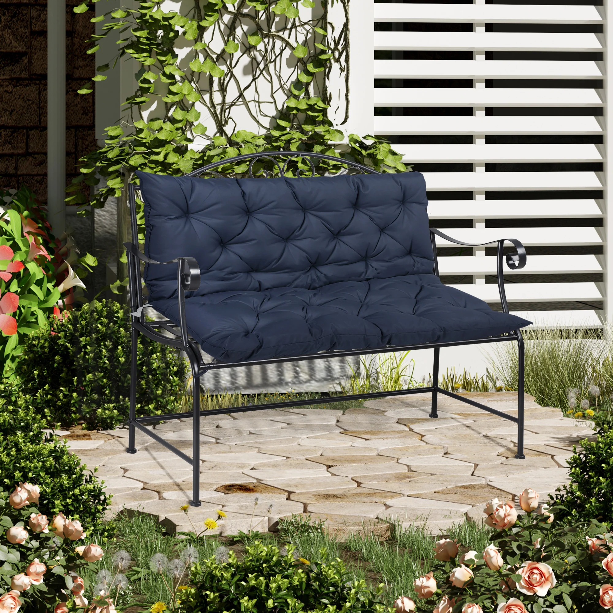 2 Seater Garden Bench Cushions, Non-Slip Soft Pad with Backrest, 52" x 43" x 4", Navy Blue - Image 4