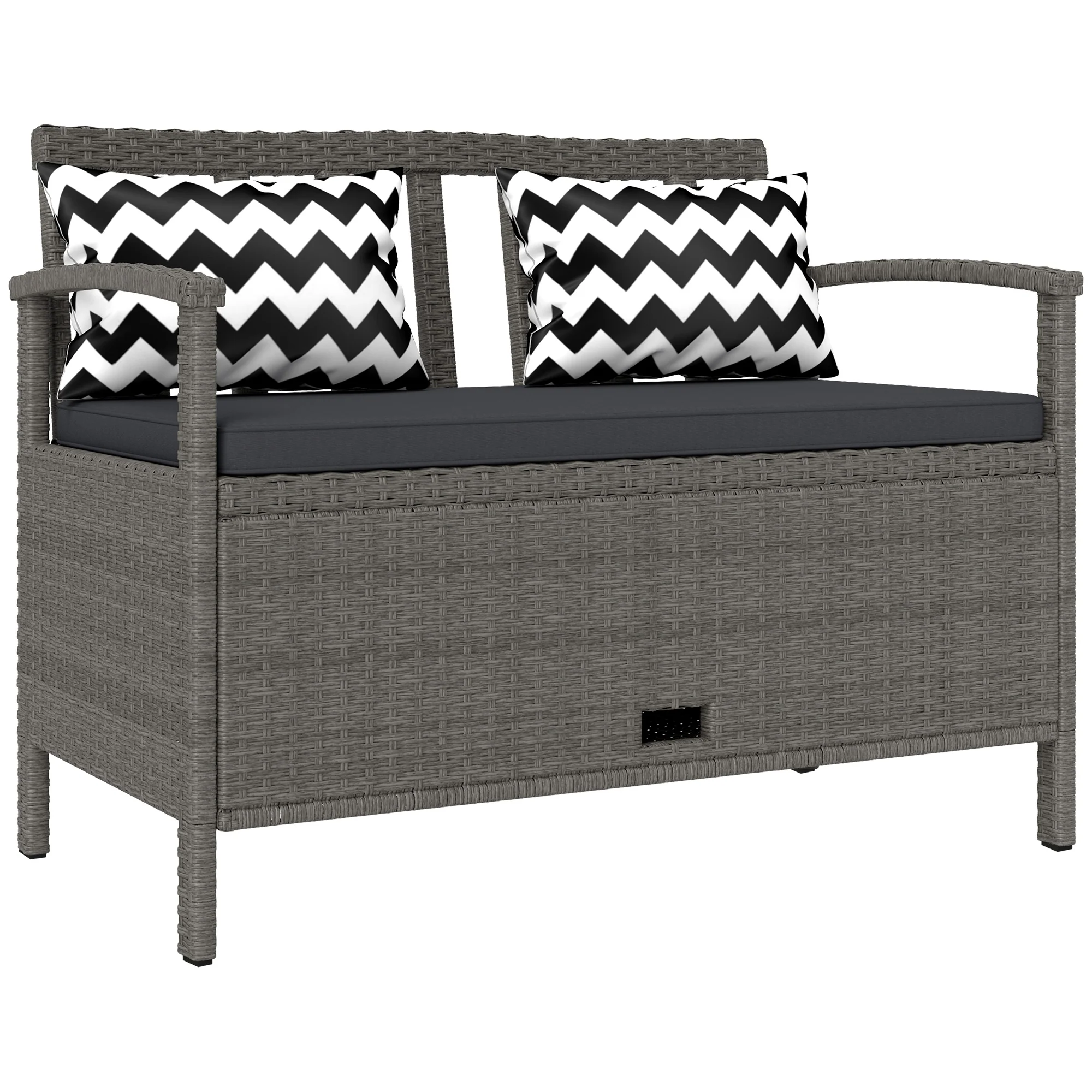 2 Seater Rattan Garden Bench with 160L Capacity Storage, Cushion & Pillows for Patio, Grey
