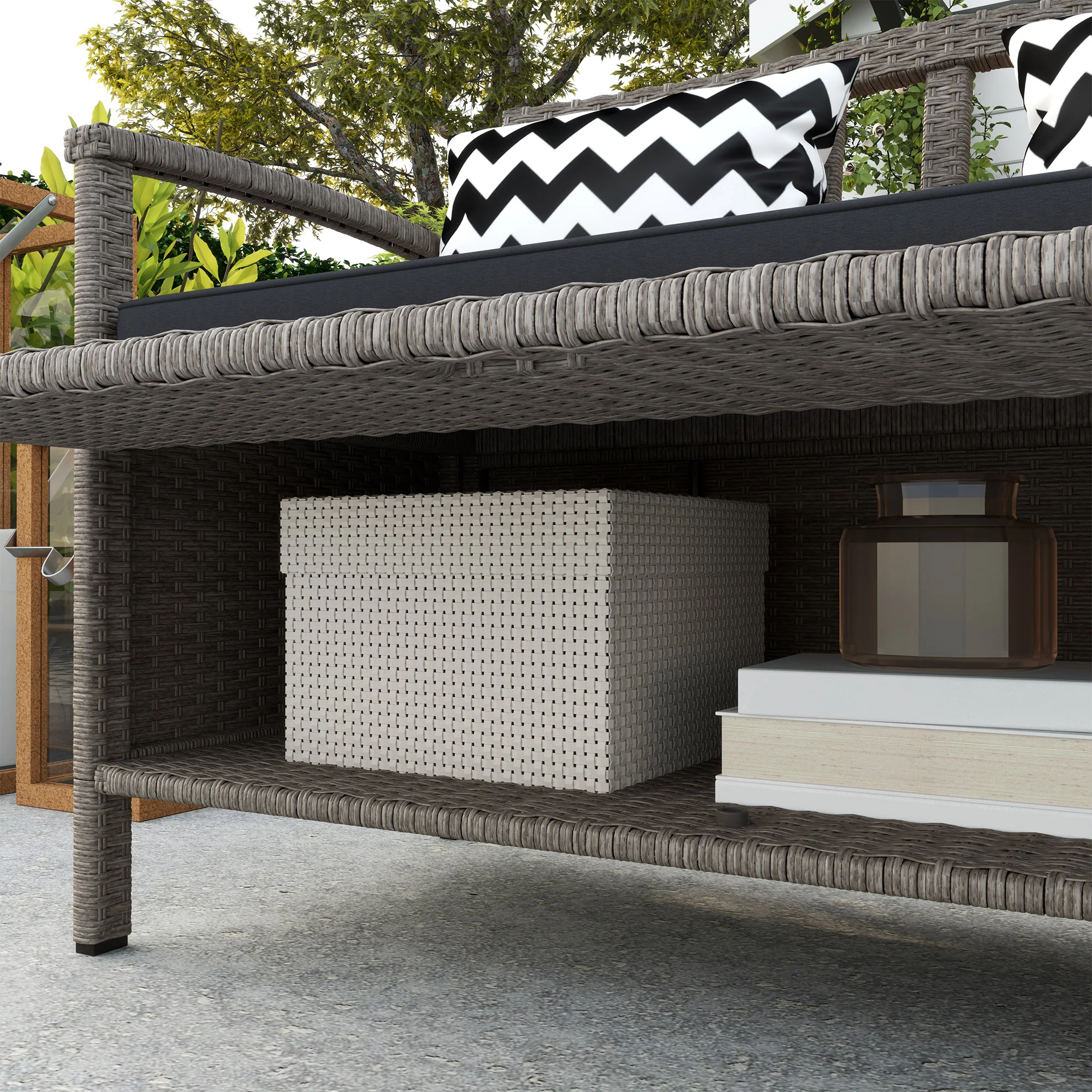2 Seater Rattan Garden Bench with 160L Capacity Storage, Cushion & Pillows for Patio, Grey - Image 10