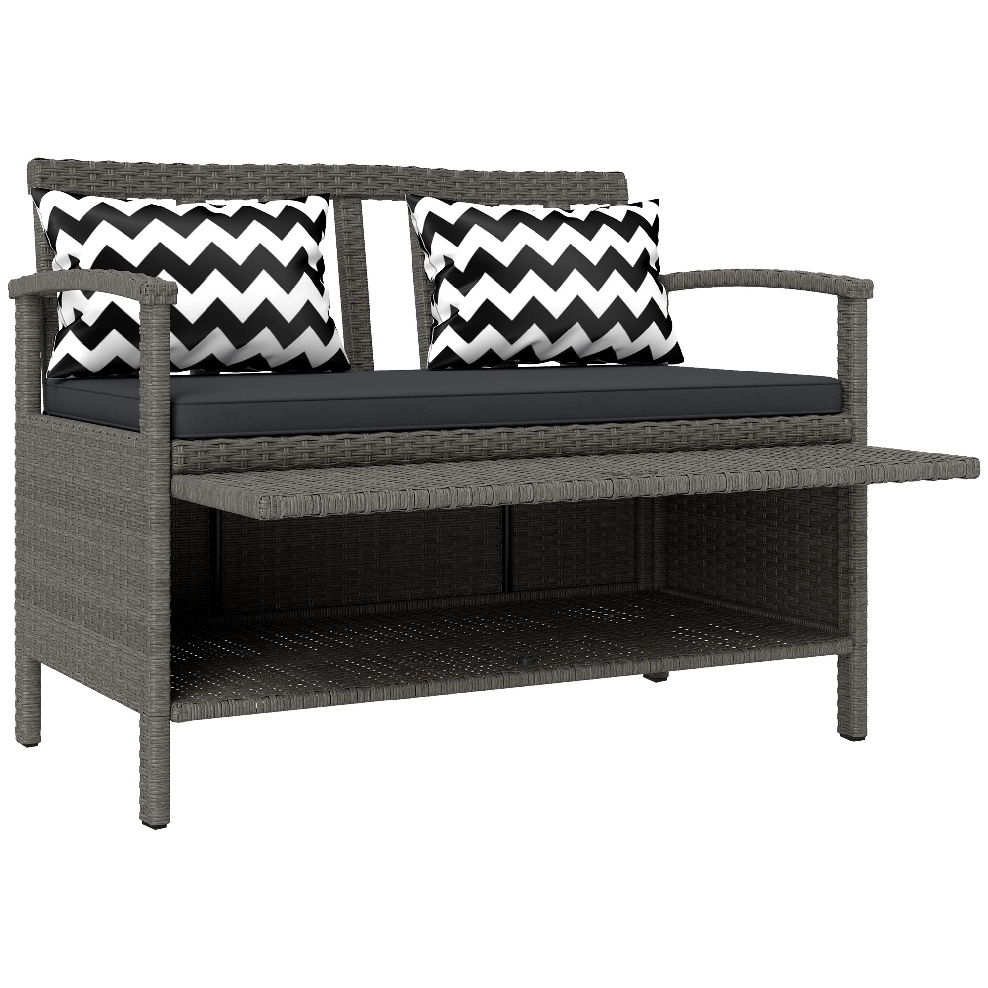 2 Seater Rattan Garden Bench with 160L Capacity Storage, Cushion & Pillows for Patio, Grey - Image 2