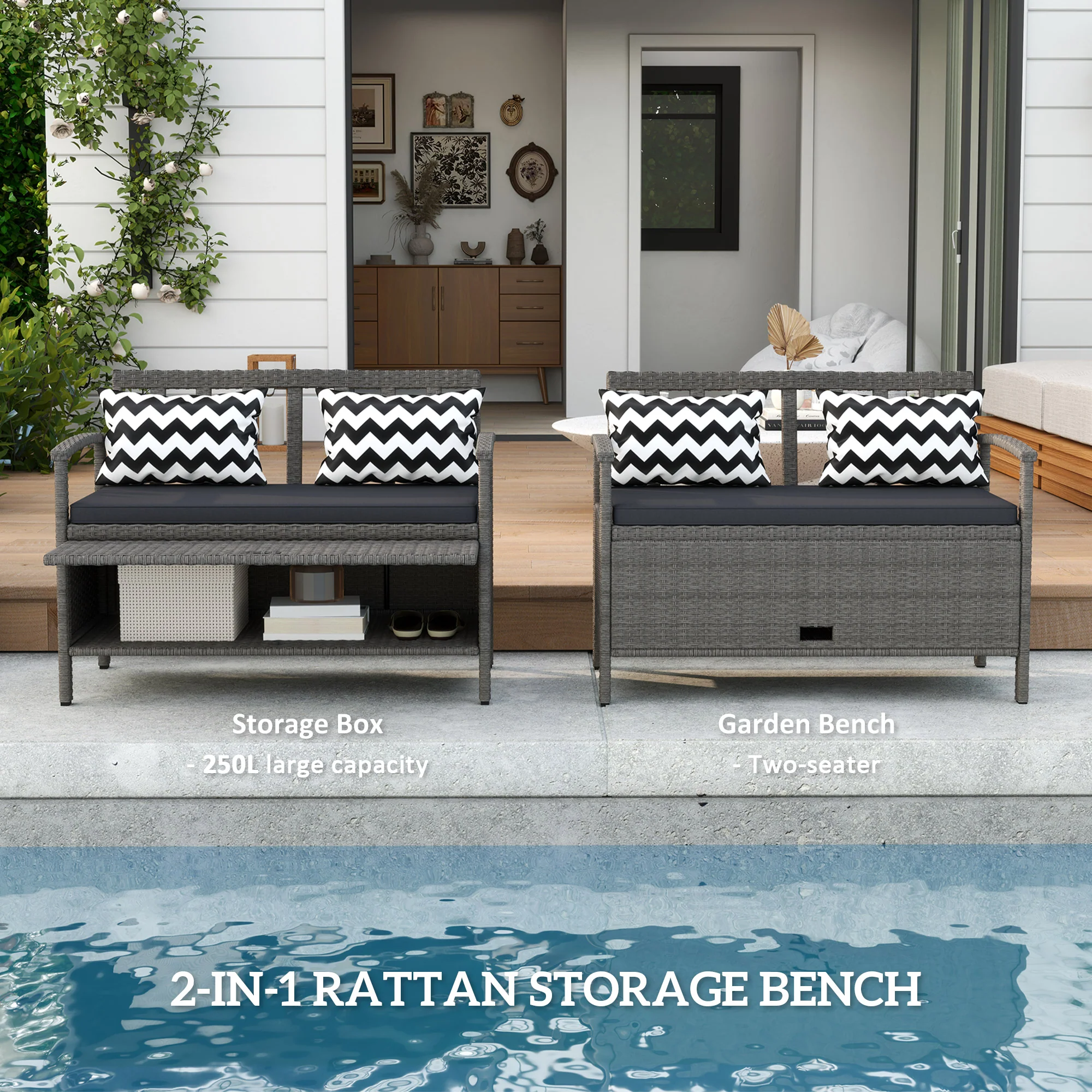 2 Seater Rattan Garden Bench with 160L Capacity Storage, Cushion & Pillows for Patio, Grey - Image 6