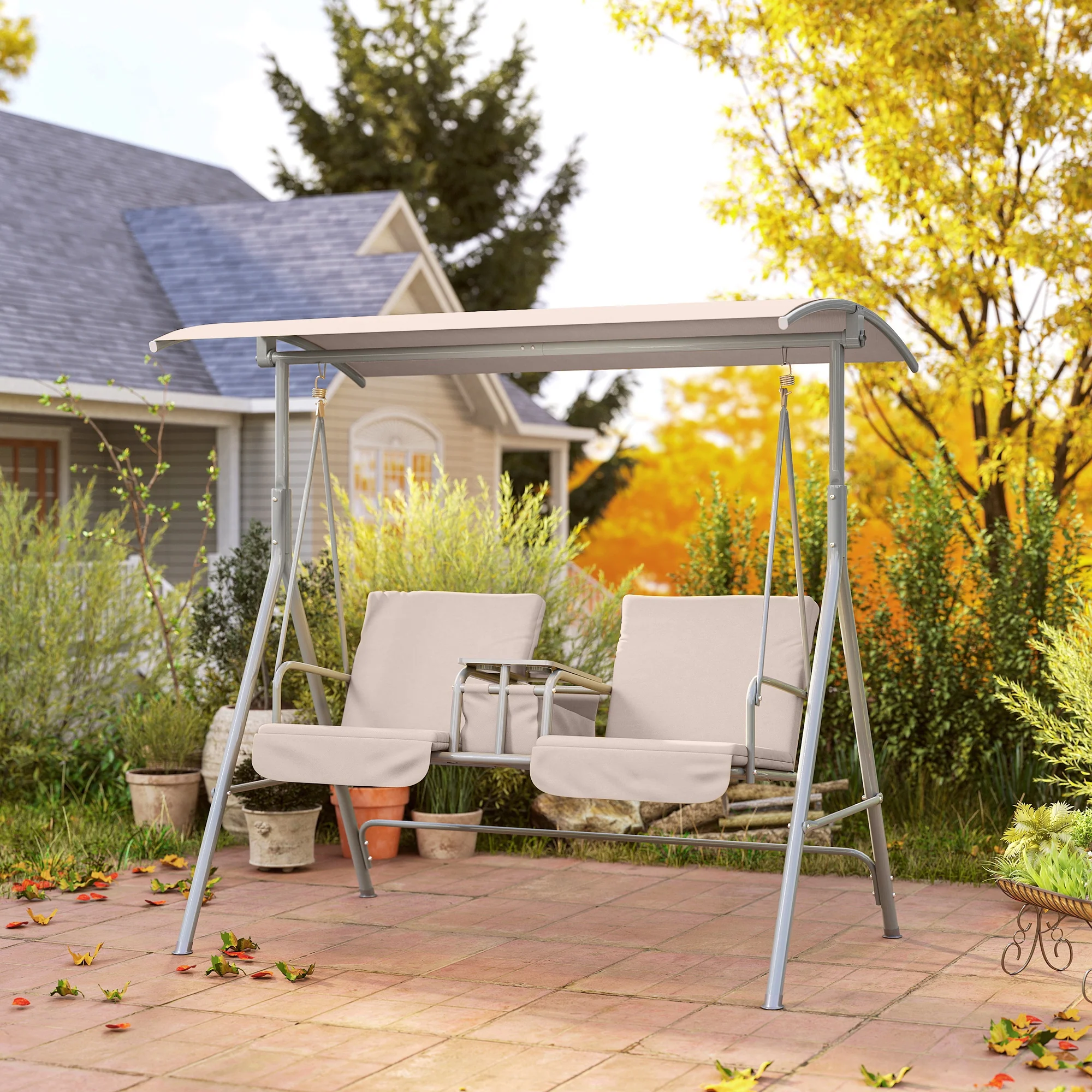 2 Seater Garden Swing Chair with Tilting Canopy, Tray & Storage Bag, Beige - Image 4