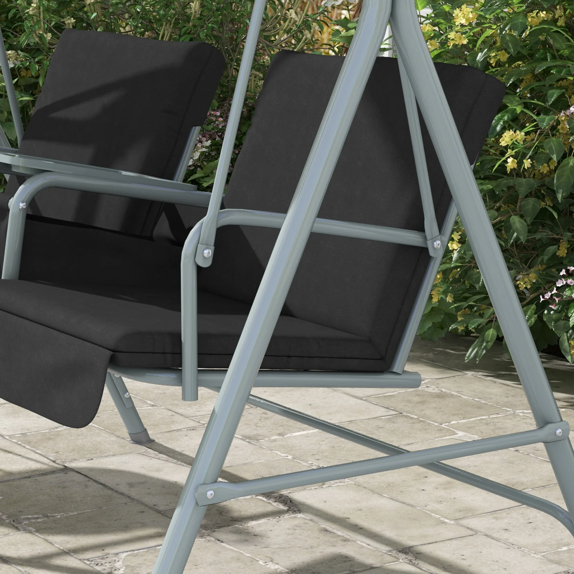 2 Seater Garden Swing Chair with Tilting Canopy, Tray & Storage Bag, Black - Image 10