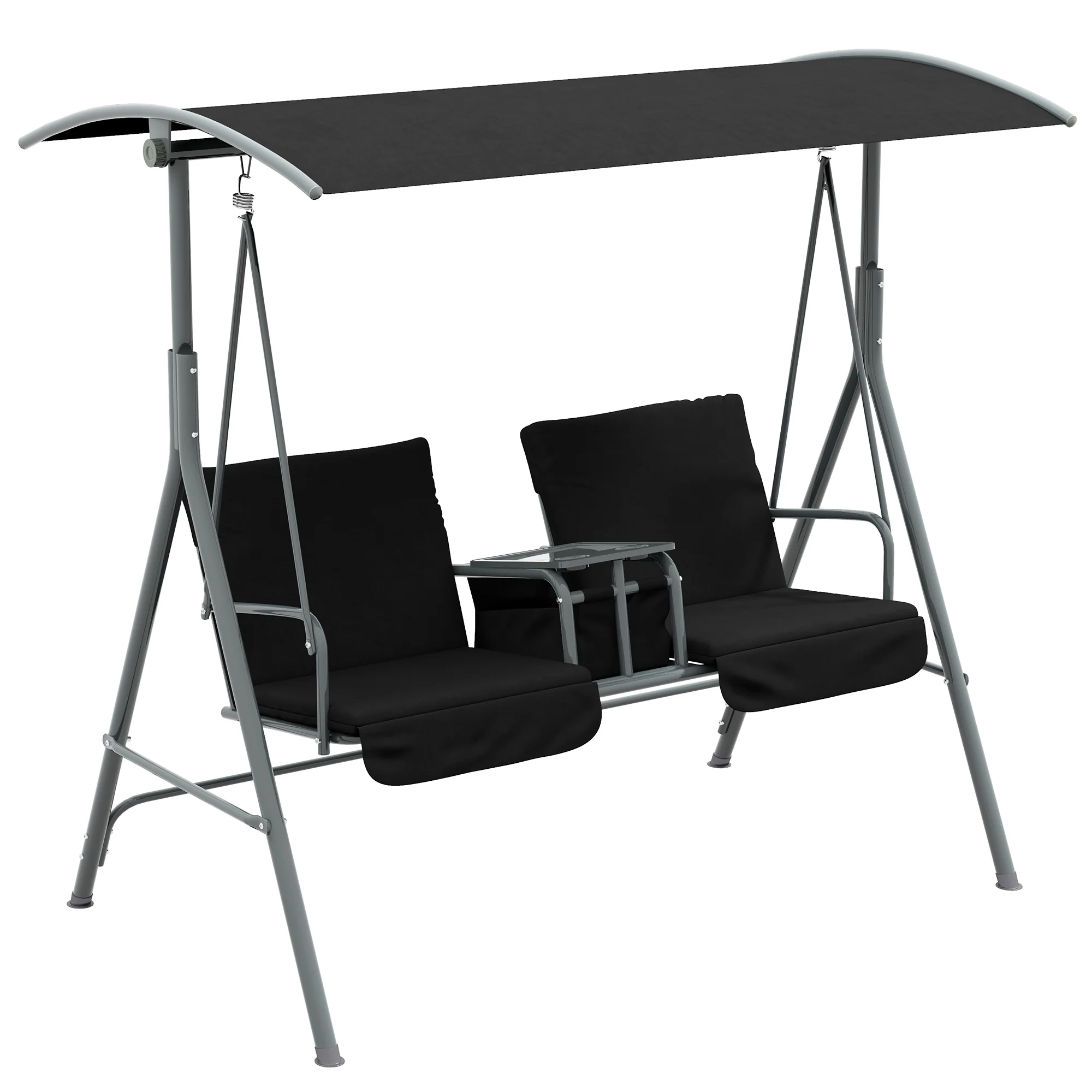2 Seater Garden Swing Chair with Tilting Canopy, Tray & Storage Bag, Black - Image 12