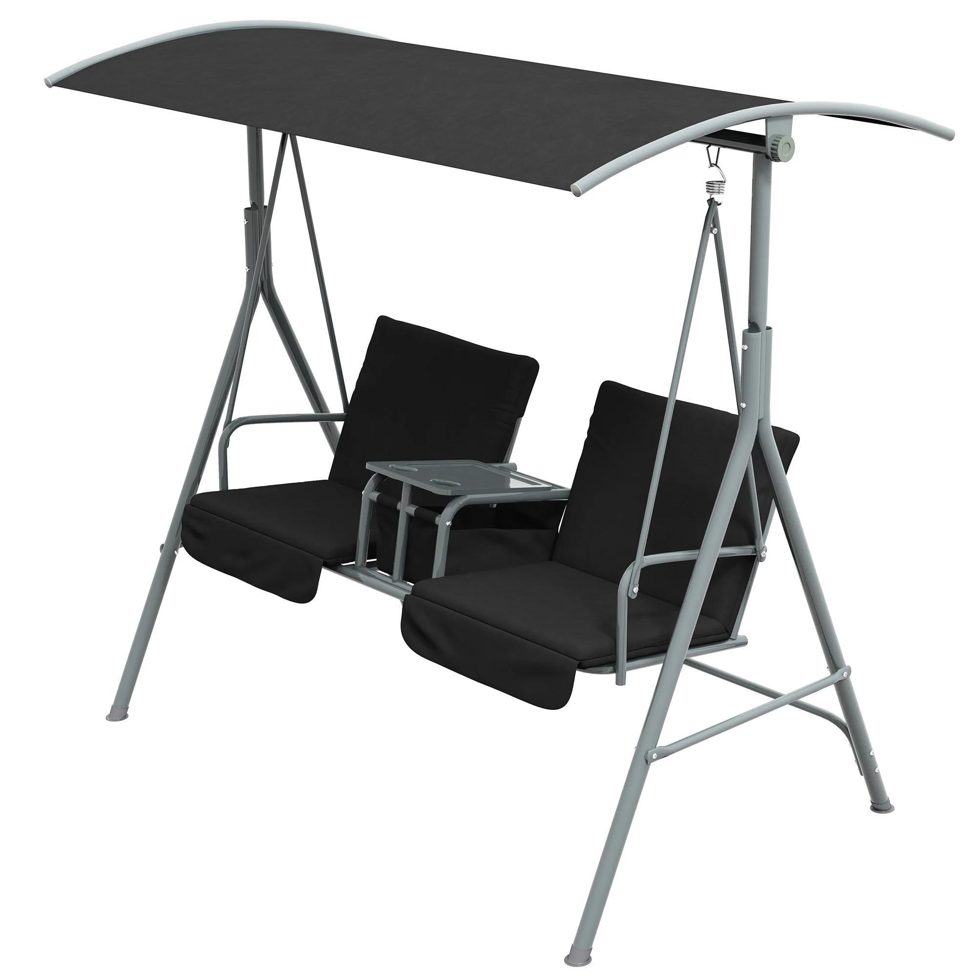 2 Seater Garden Swing Chair with Tilting Canopy, Tray & Storage Bag, Black - Image 2
