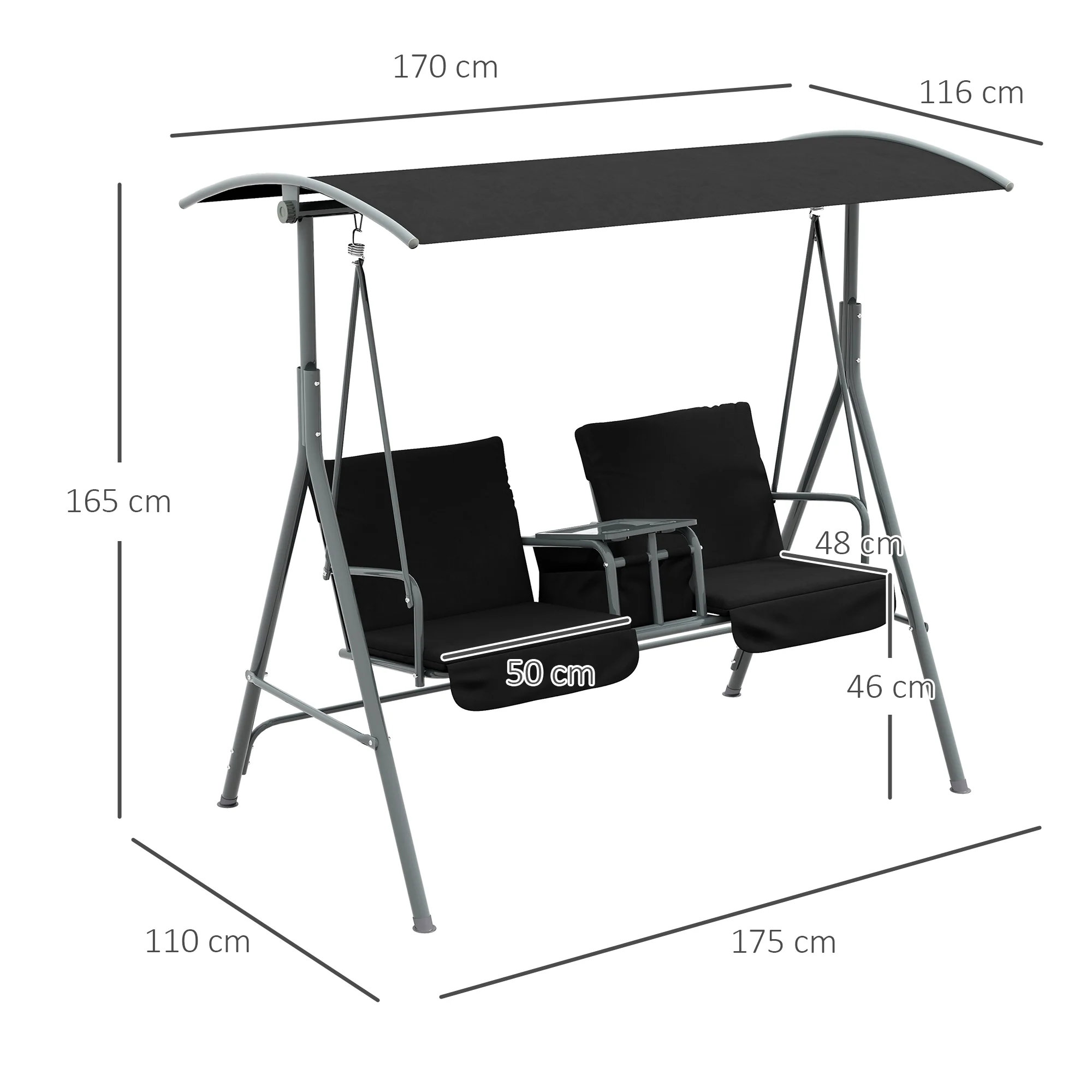 2 Seater Garden Swing Chair with Tilting Canopy, Tray & Storage Bag, Black - Image 5