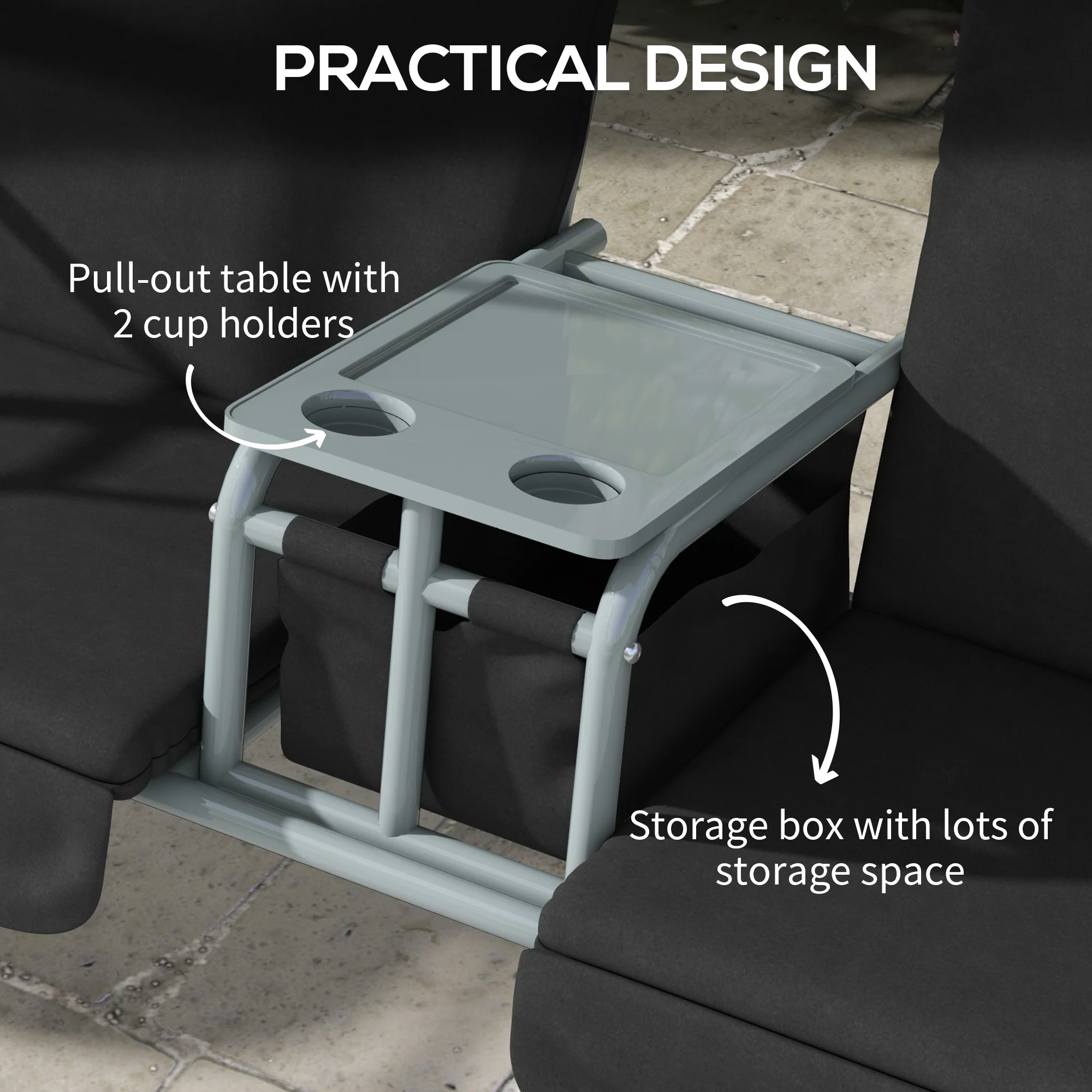 2 Seater Garden Swing Chair with Tilting Canopy, Tray & Storage Bag, Black - Image 7