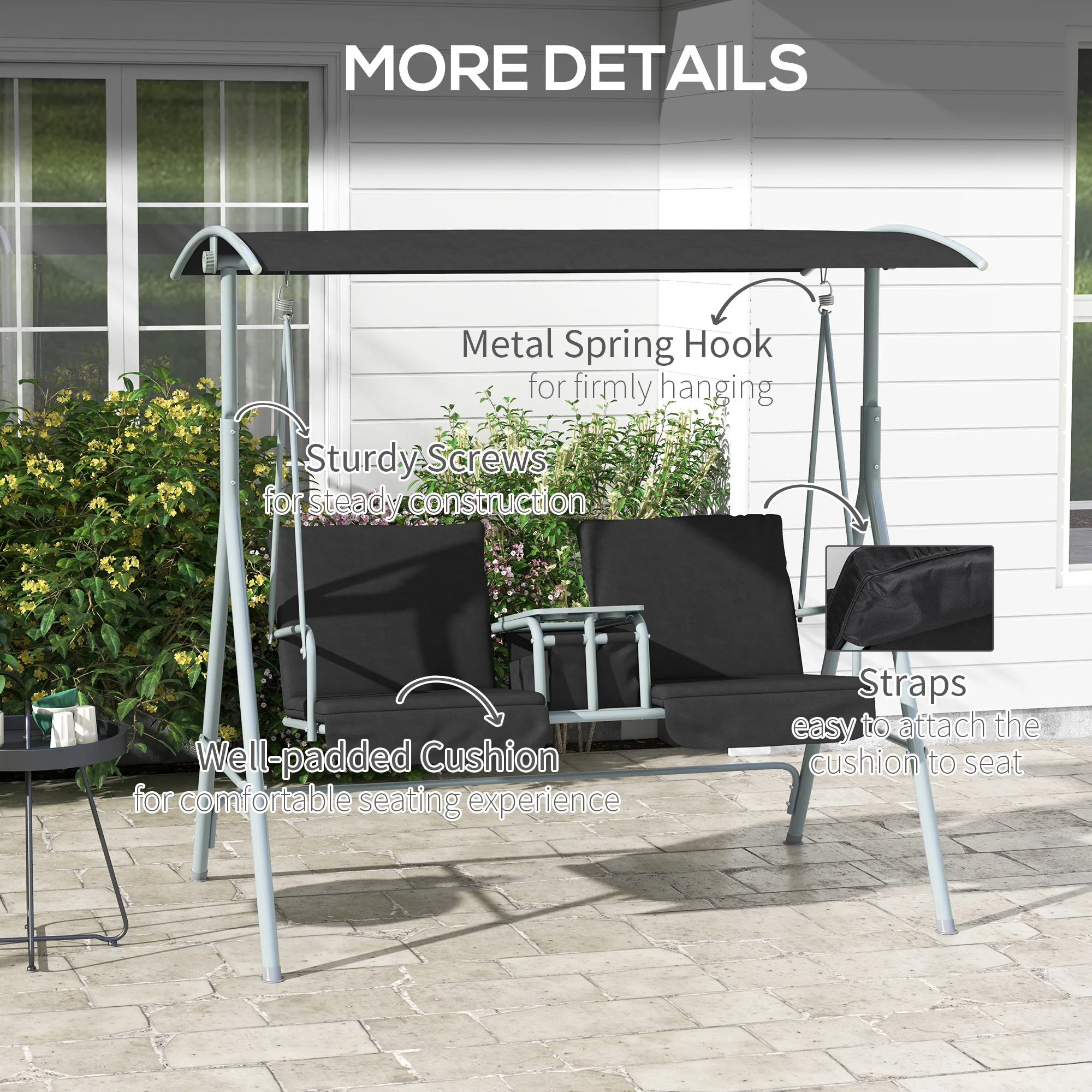 2 Seater Garden Swing Chair with Tilting Canopy, Tray & Storage Bag, Black - Image 8