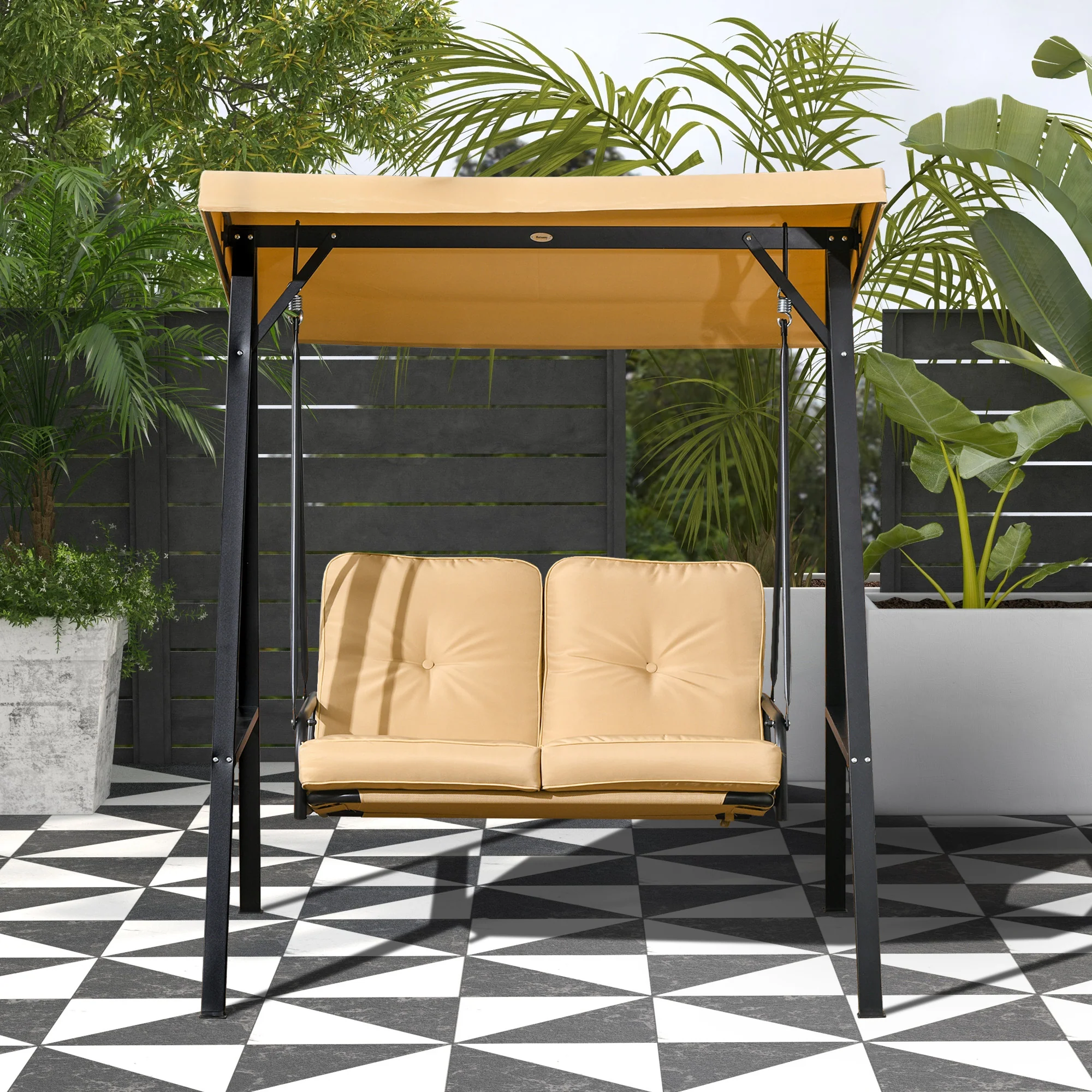 2 Seater Garden Swing Chair with Adjustable Tilting Canopy & Steel Frame, Beige - Image 4