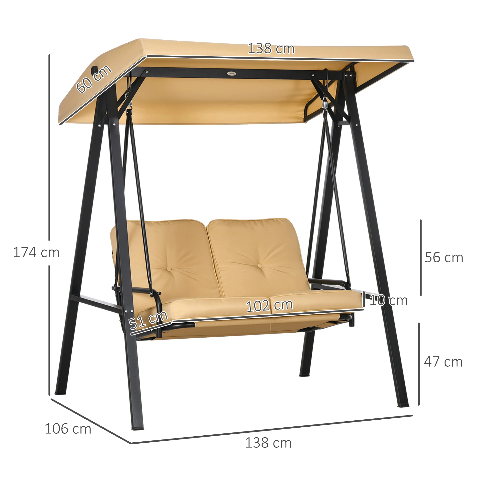 2 Seater Garden Swing Chair with Adjustable Tilting Canopy & Steel Frame, Beige - Image 5