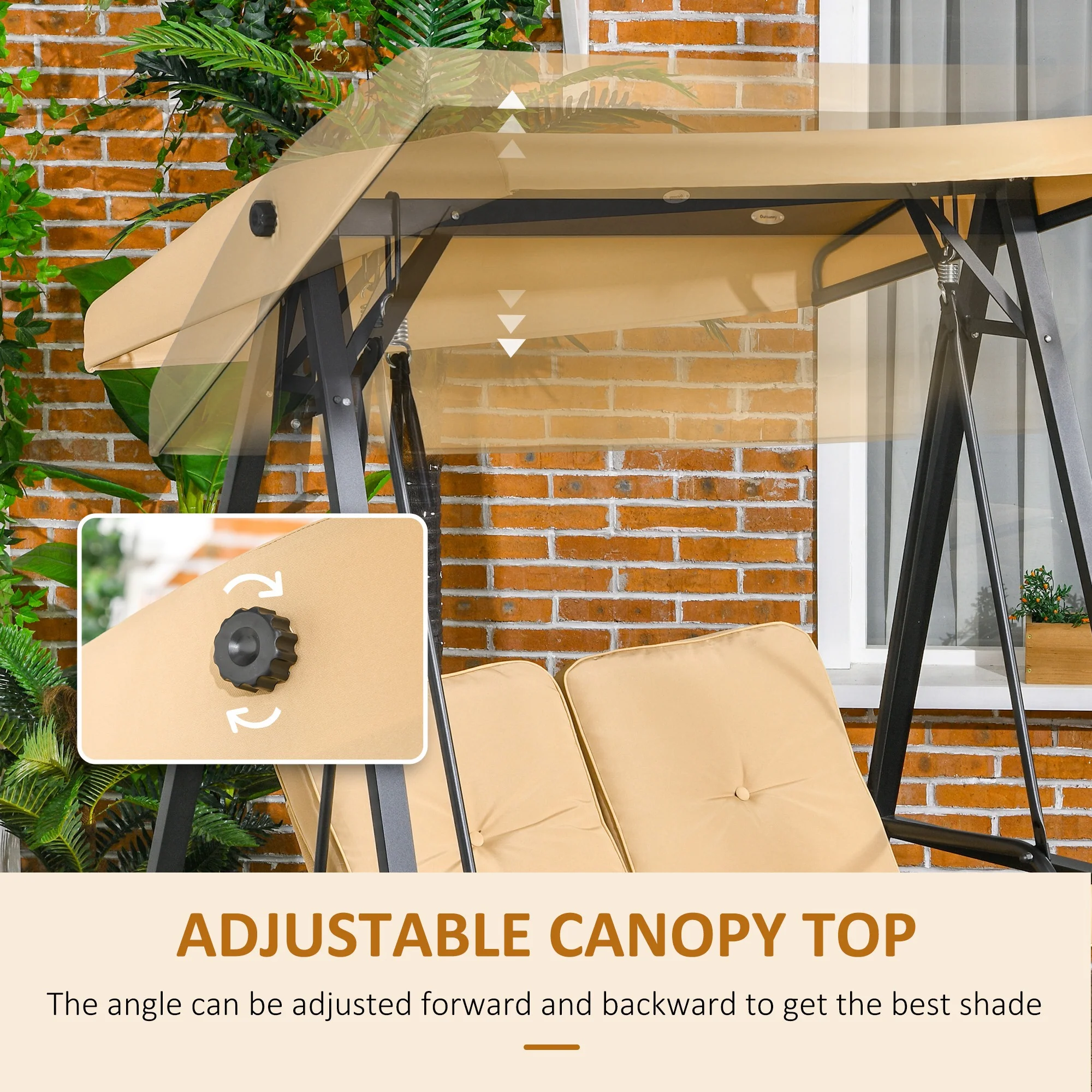 2 Seater Garden Swing Chair with Adjustable Tilting Canopy & Steel Frame, Beige - Image 6
