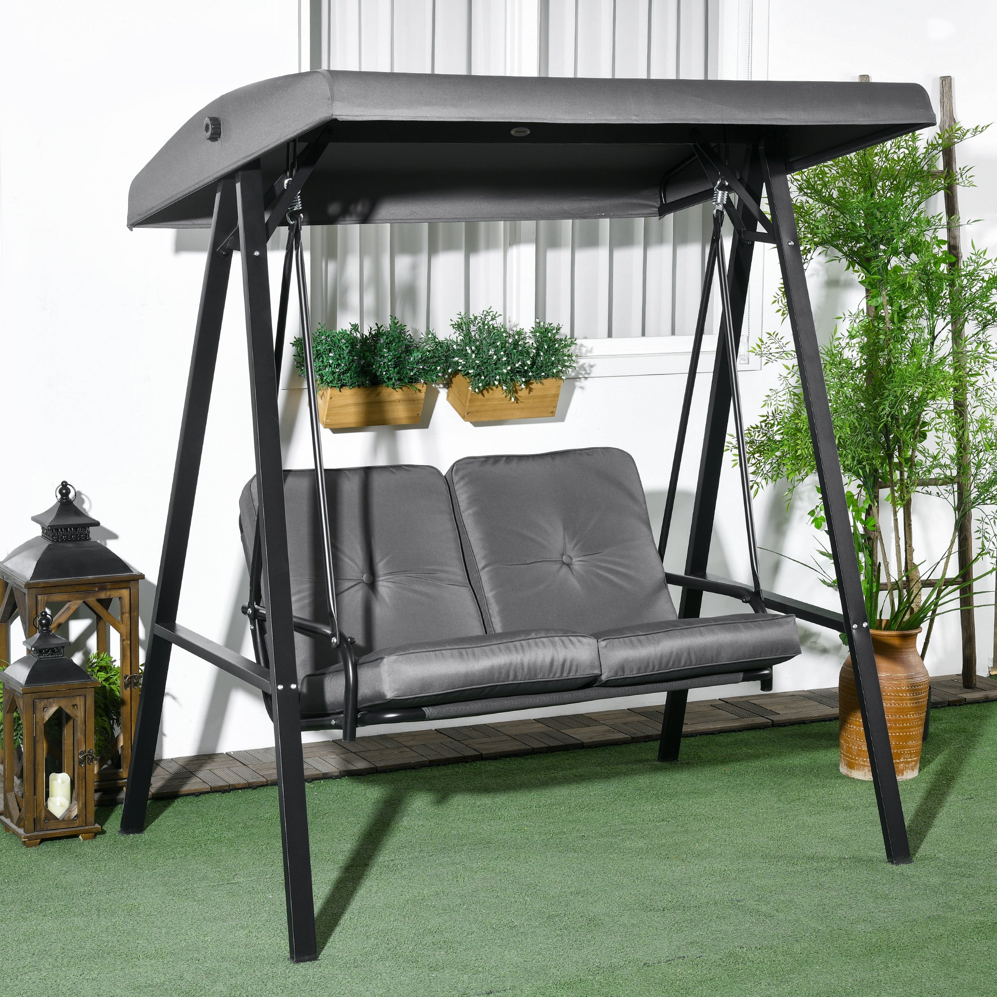 2 Seater Garden Swing Chair with Adjustable Tilting Canopy & Steel Frame, Dark Grey - Image 3