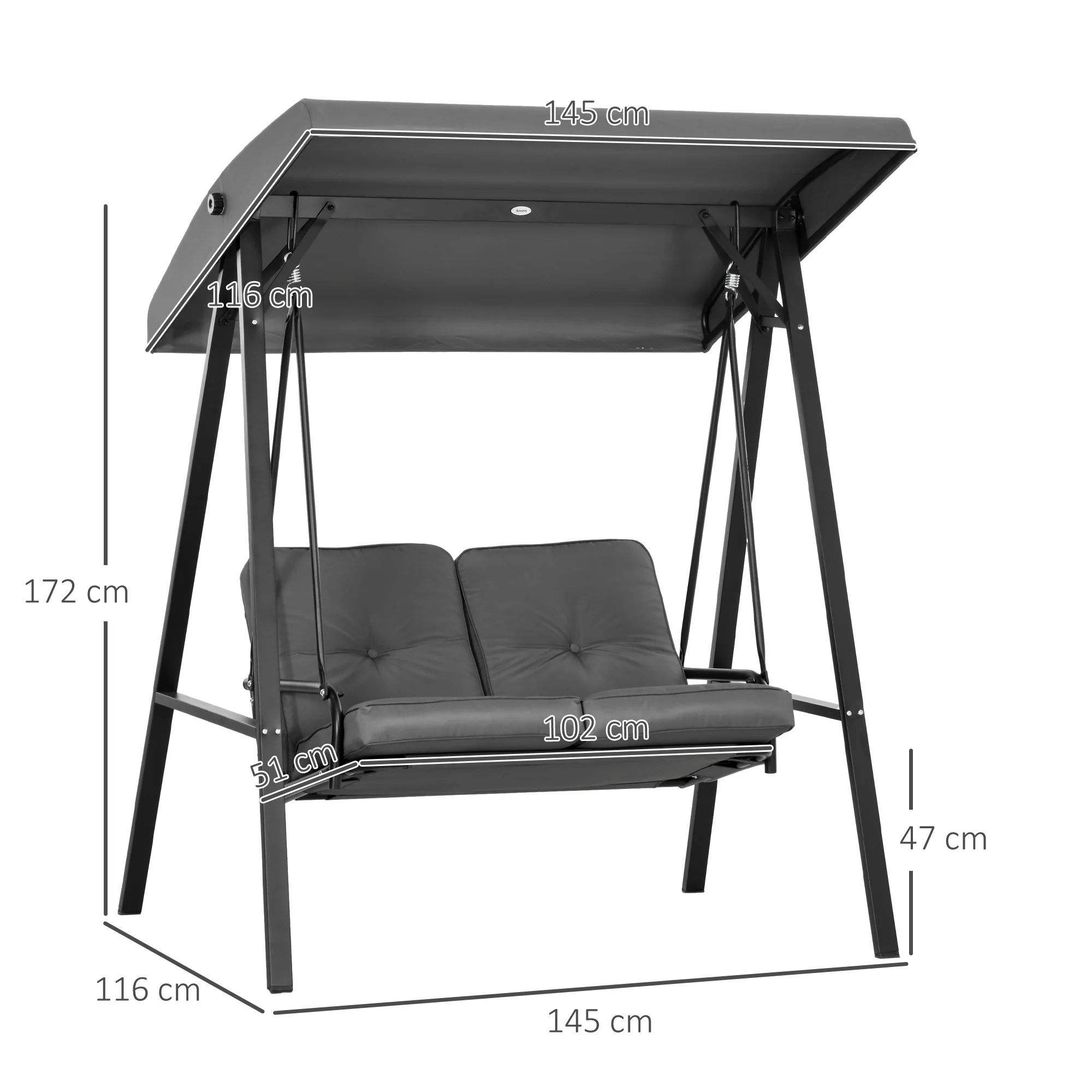 2 Seater Garden Swing Chair with Adjustable Tilting Canopy & Steel Frame, Dark Grey - Image 5