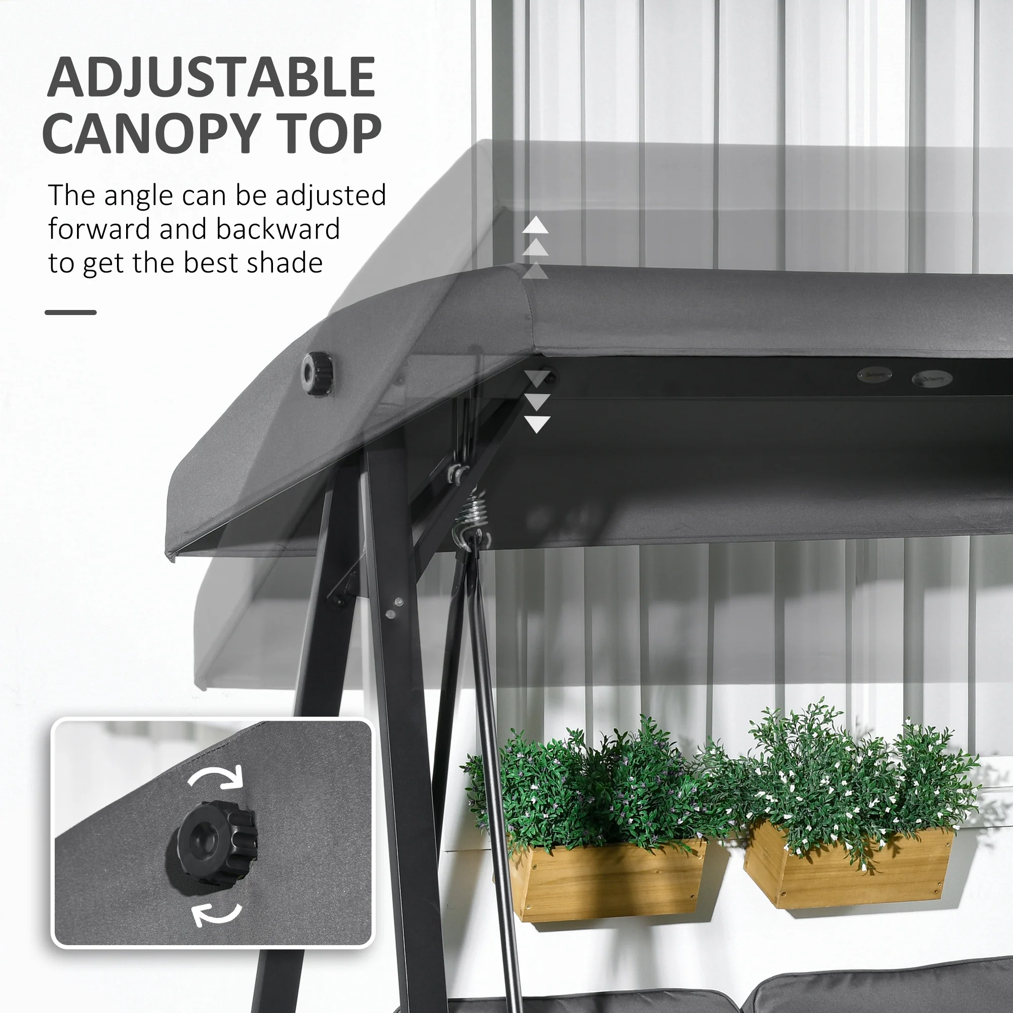 2 Seater Garden Swing Chair with Adjustable Tilting Canopy & Steel Frame, Dark Grey - Image 6