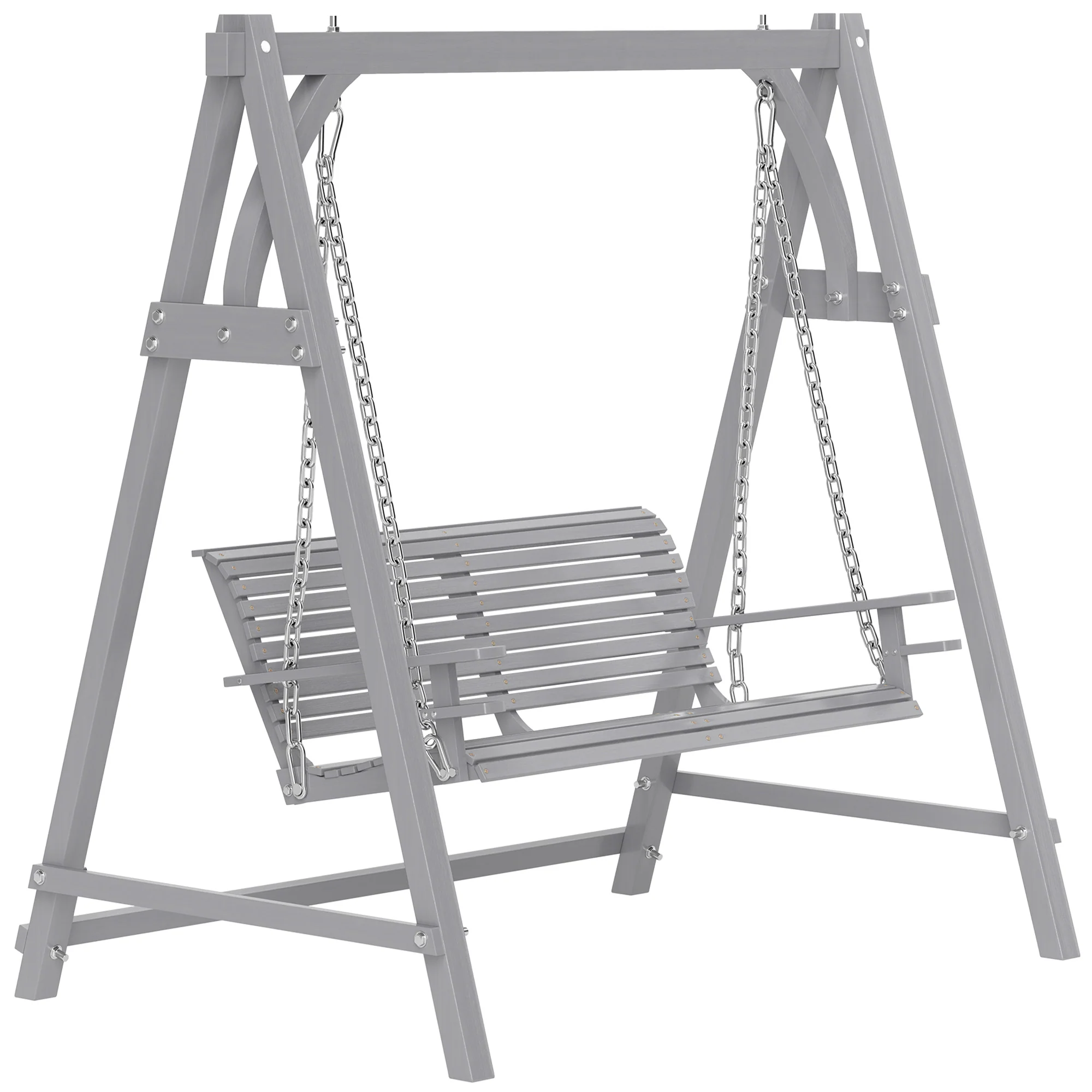 2 Seater Wooden Swing Chair Bench with Cup Holders for Outdoor Porch Patio, Grey