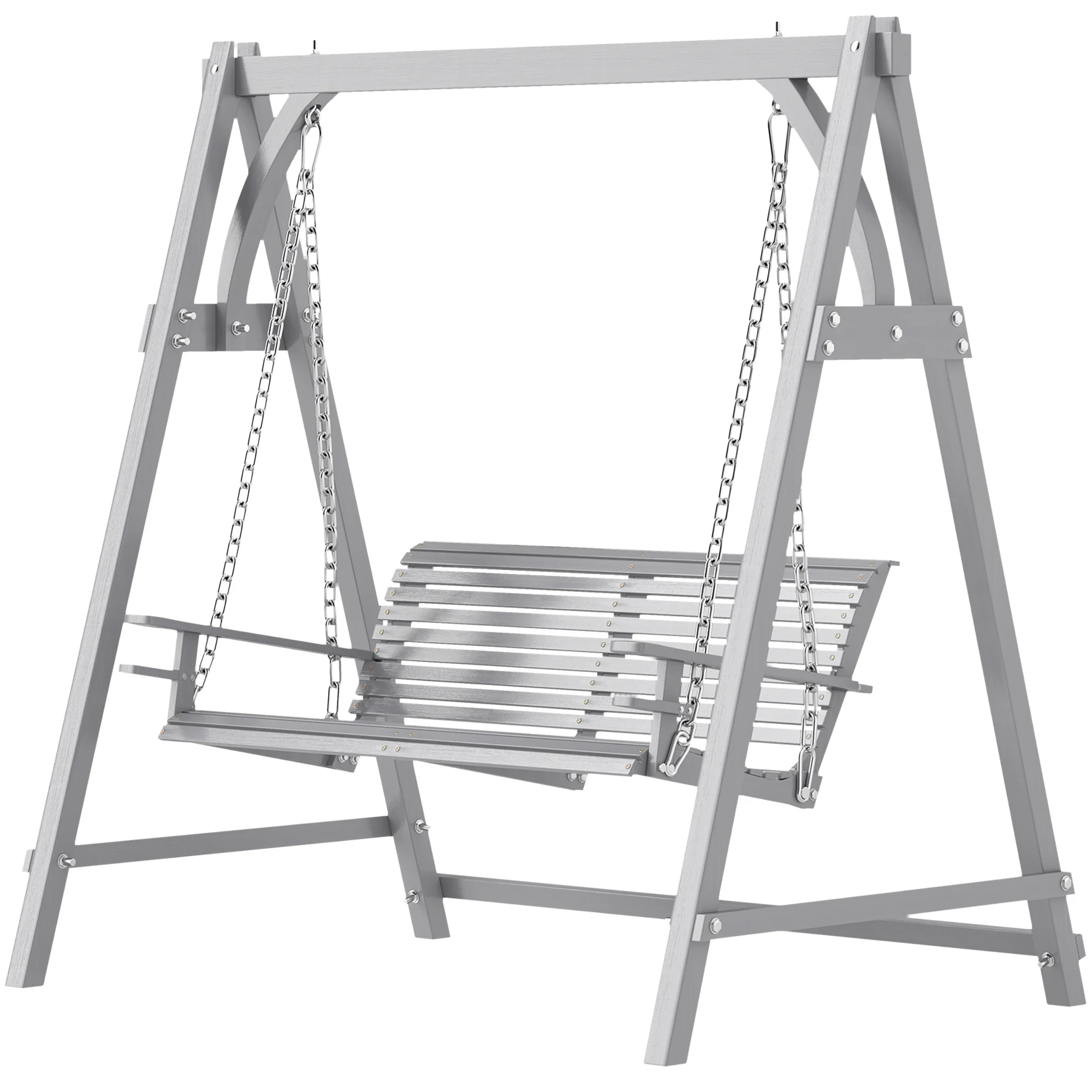 2 Seater Wooden Swing Chair Bench with Cup Holders for Outdoor Porch Patio, Grey - Image 2