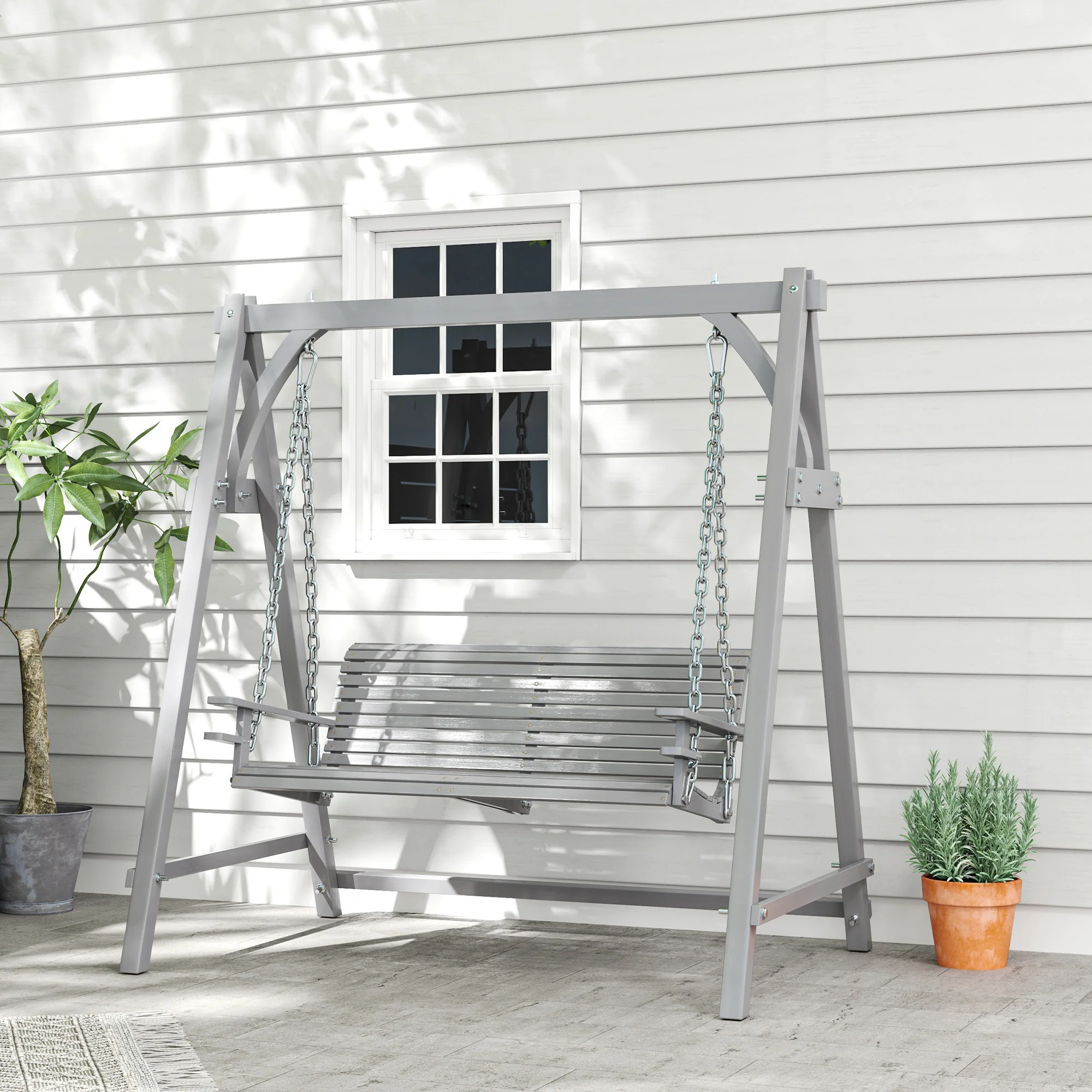 2 Seater Wooden Swing Chair Bench with Cup Holders for Outdoor Porch Patio, Grey - Image 4