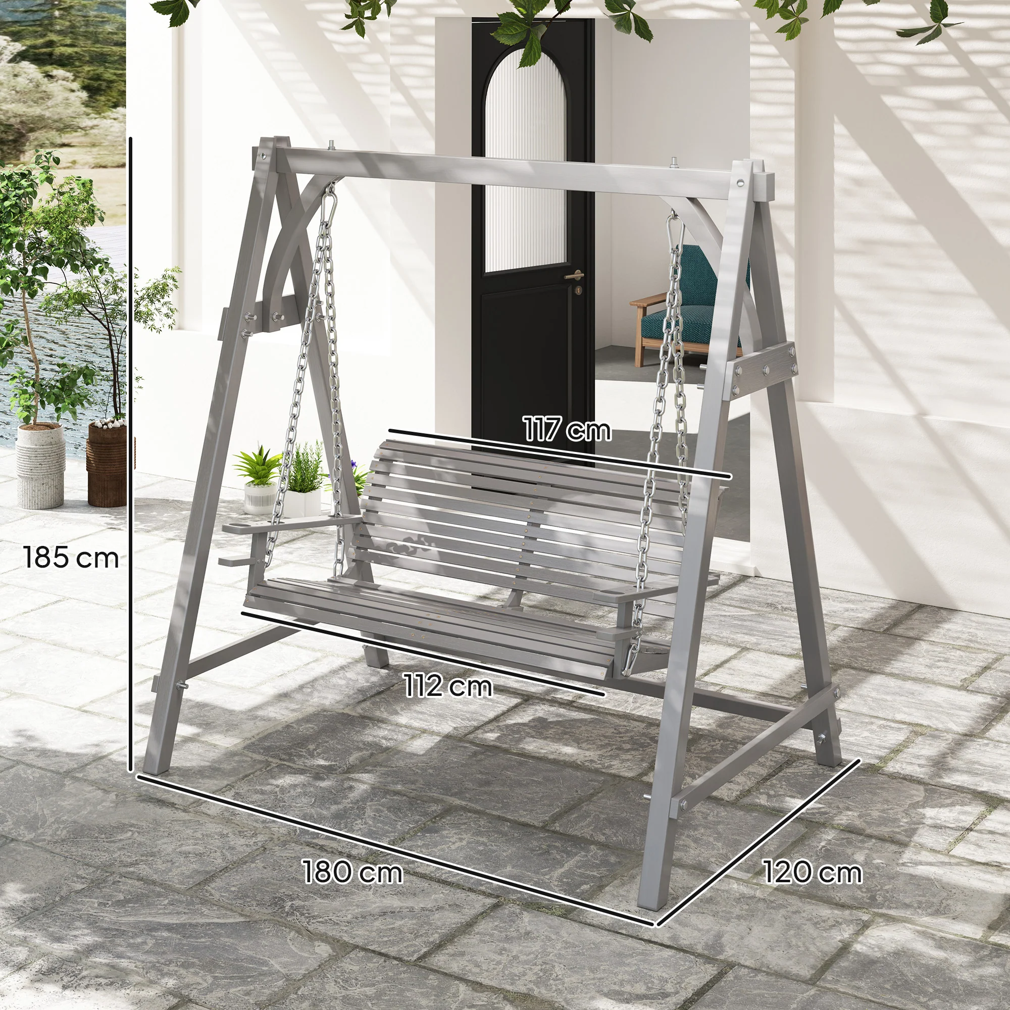 2 Seater Wooden Swing Chair Bench with Cup Holders for Outdoor Porch Patio, Grey - Image 5