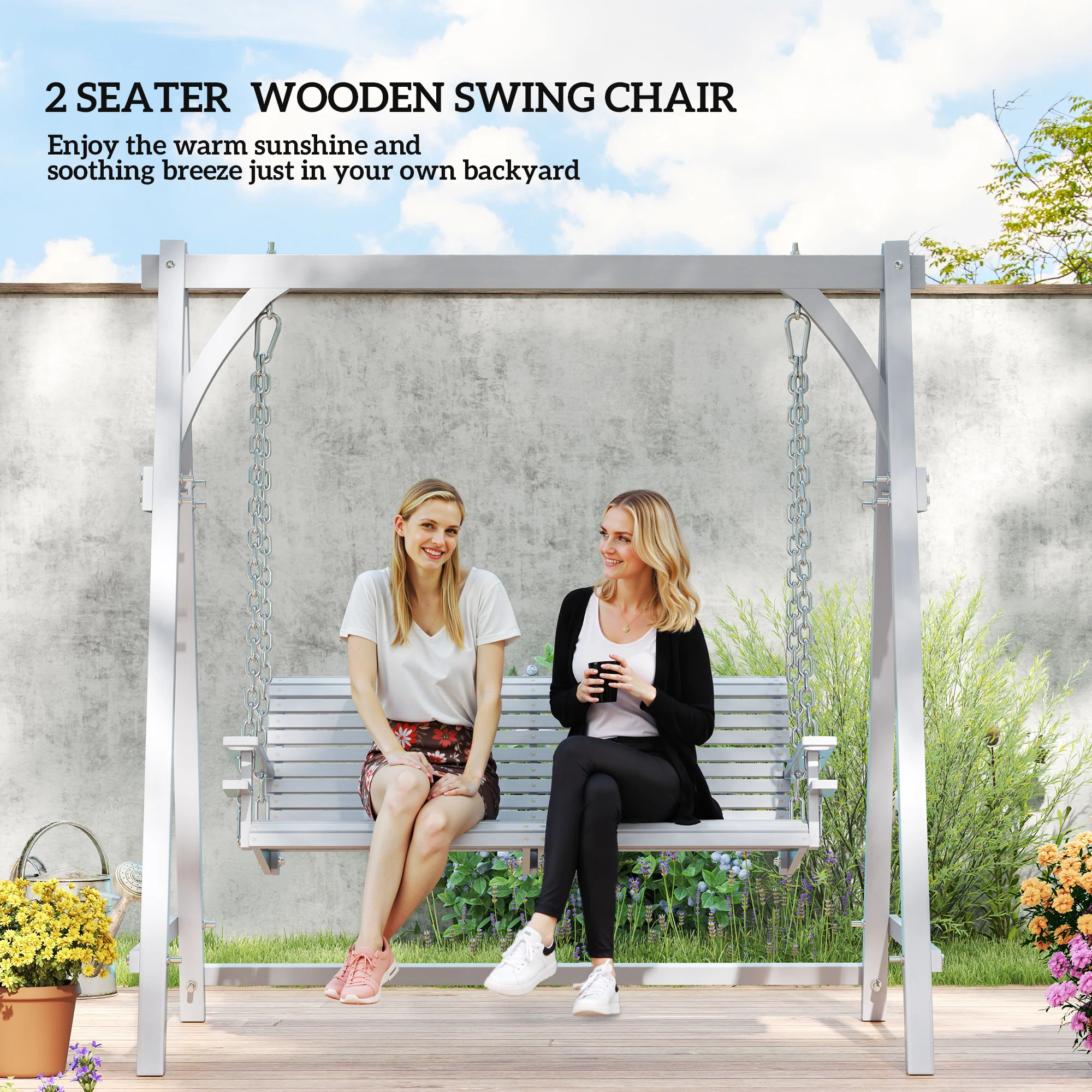2 Seater Wooden Swing Chair Bench with Cup Holders for Outdoor Porch Patio, Grey - Image 6