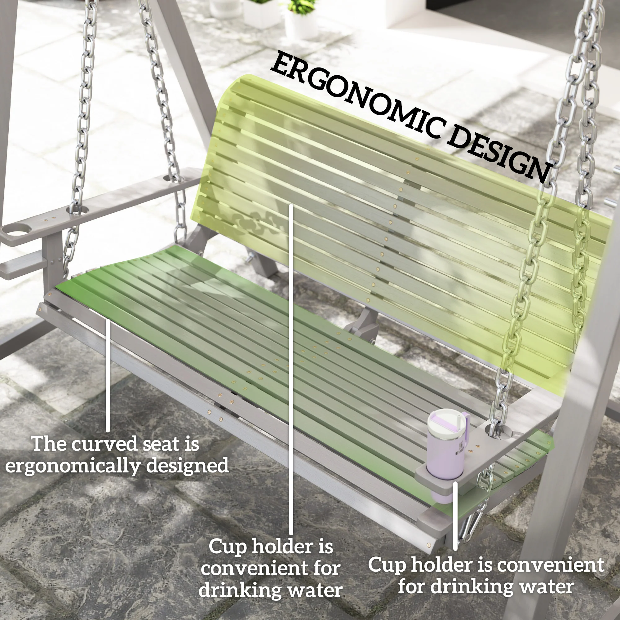 2 Seater Wooden Swing Chair Bench with Cup Holders for Outdoor Porch Patio, Grey - Image 8