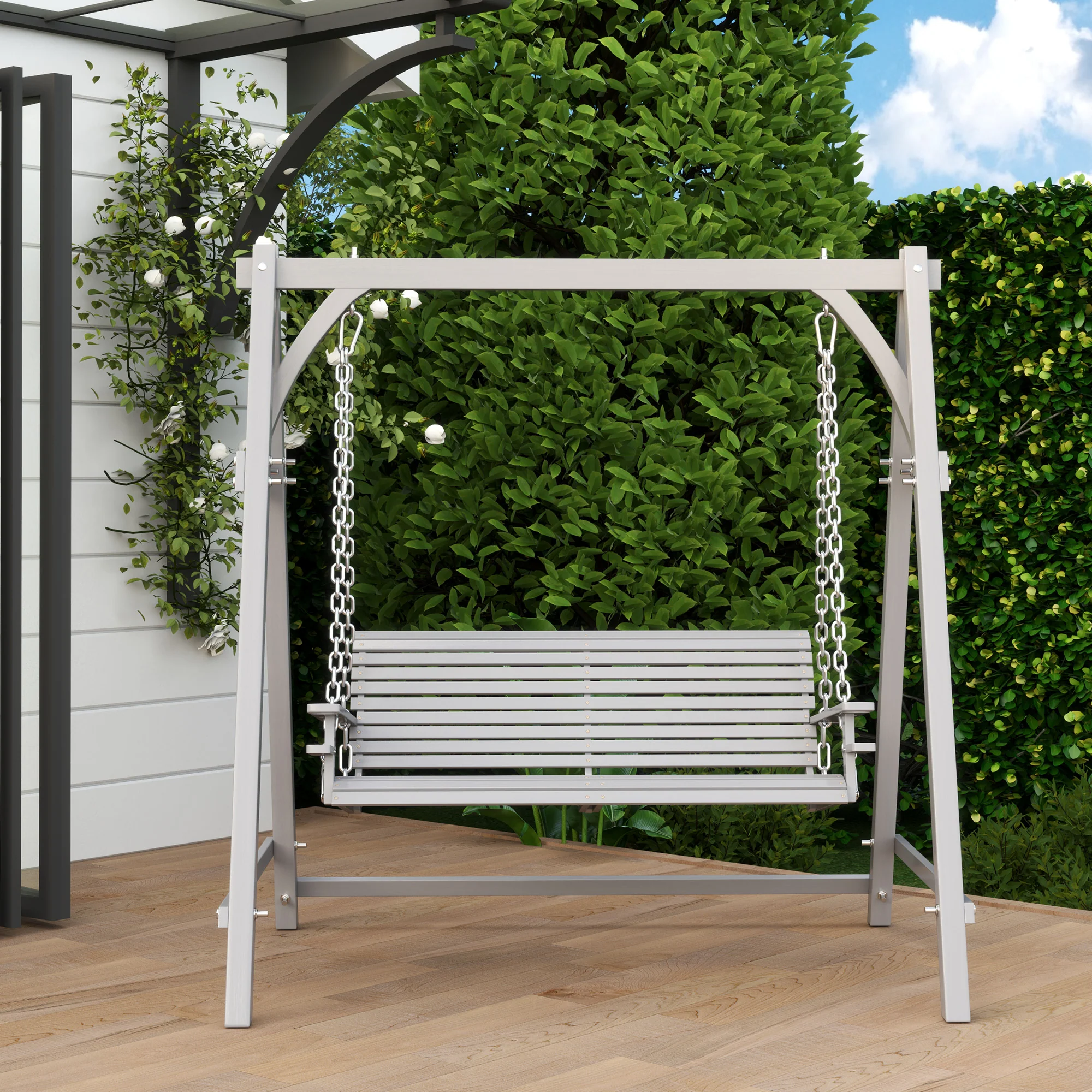 2 Seater Wooden Swing Chair Bench with Cup Holders for Outdoor Porch Patio, Grey - Image 9