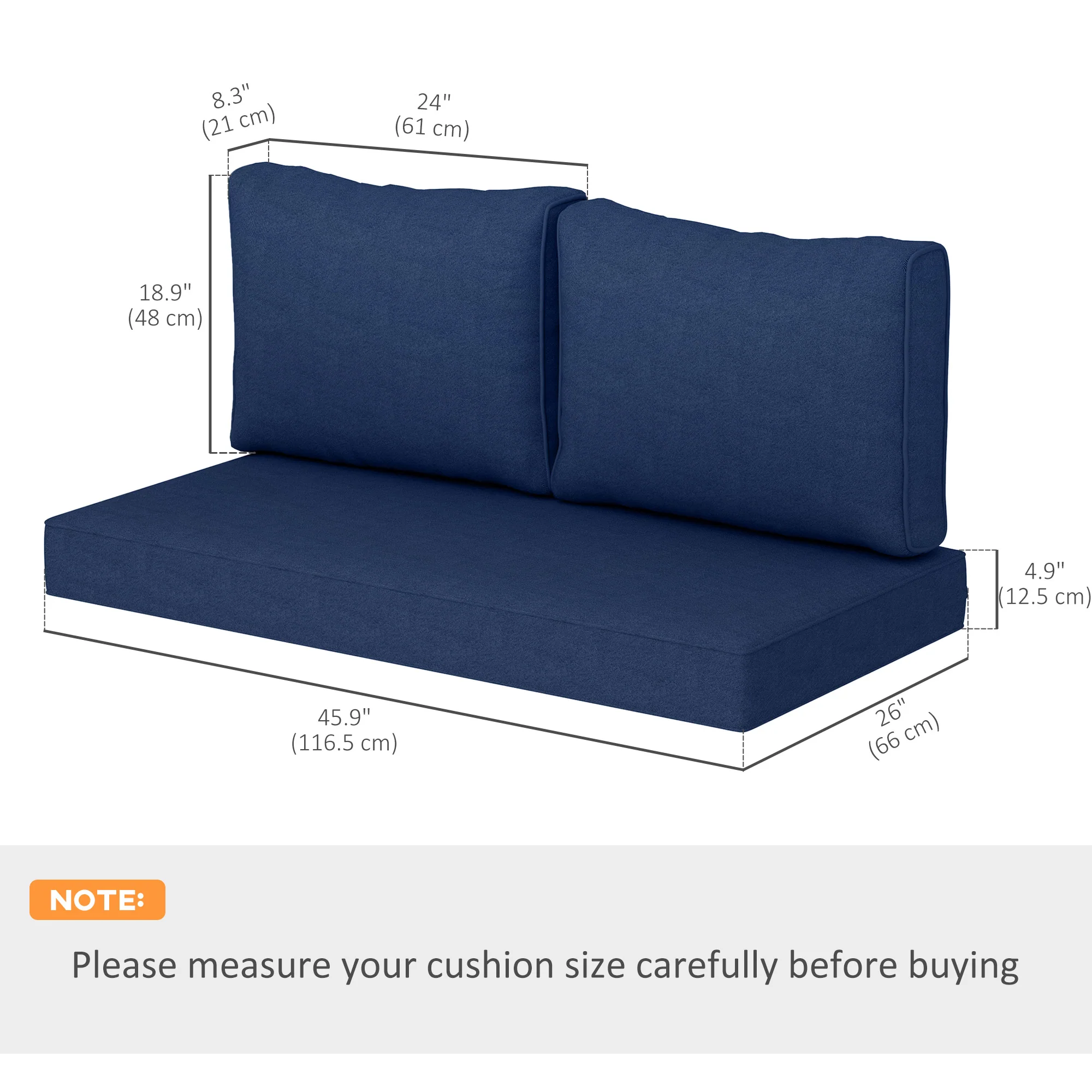 2 Seater Outdoor Seat Cushions with Backrest, Navy Blue - Image 5