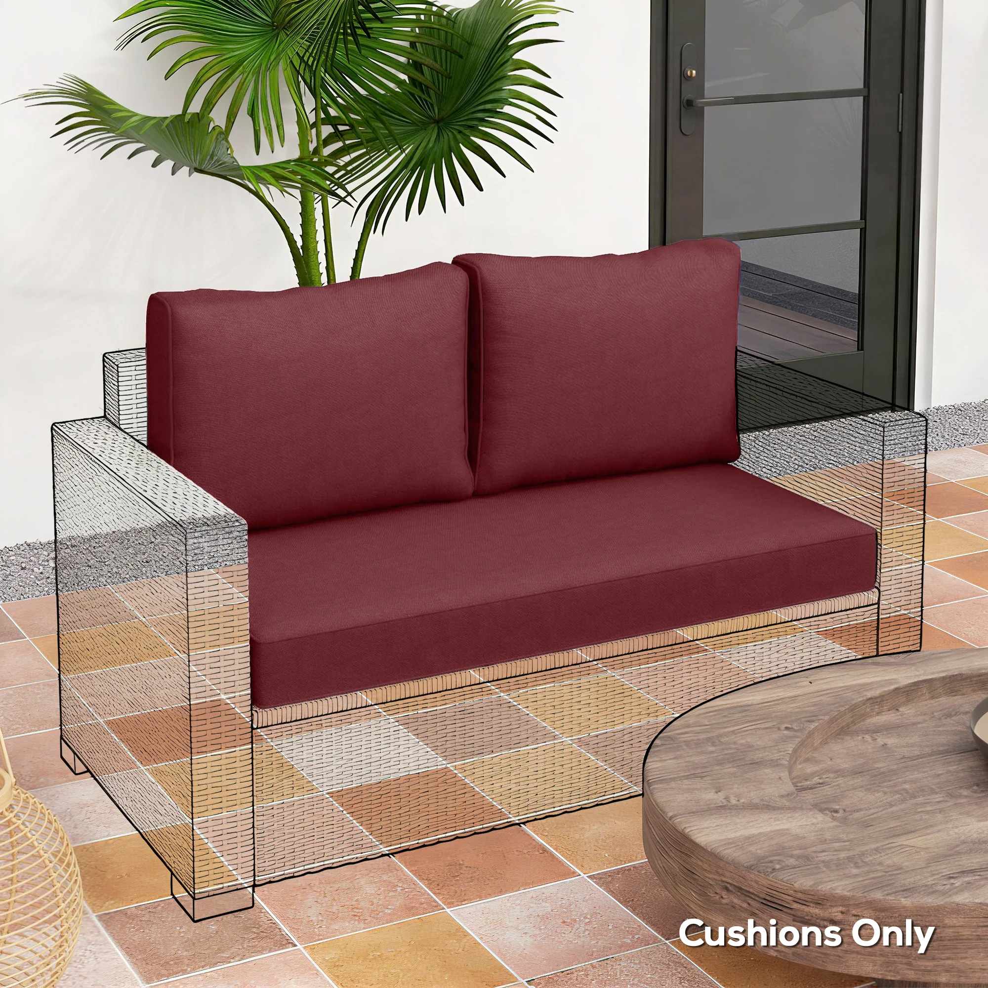 2 Seater Outdoor Seat Cushions with Backrest, Wine Red - Image 11