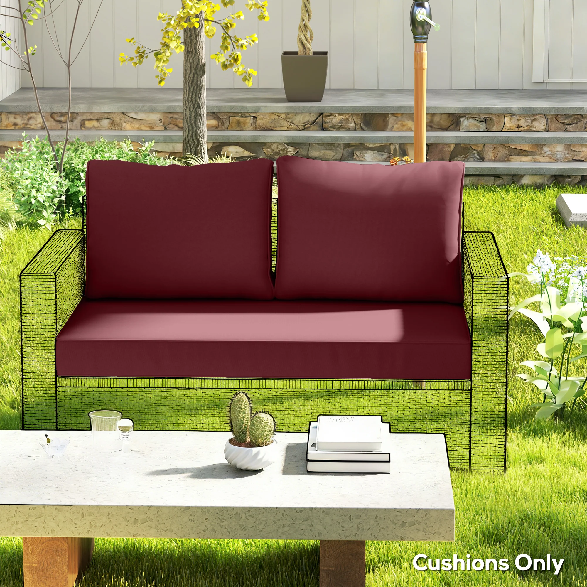 2 Seater Outdoor Seat Cushions with Backrest, Wine Red - Image 4