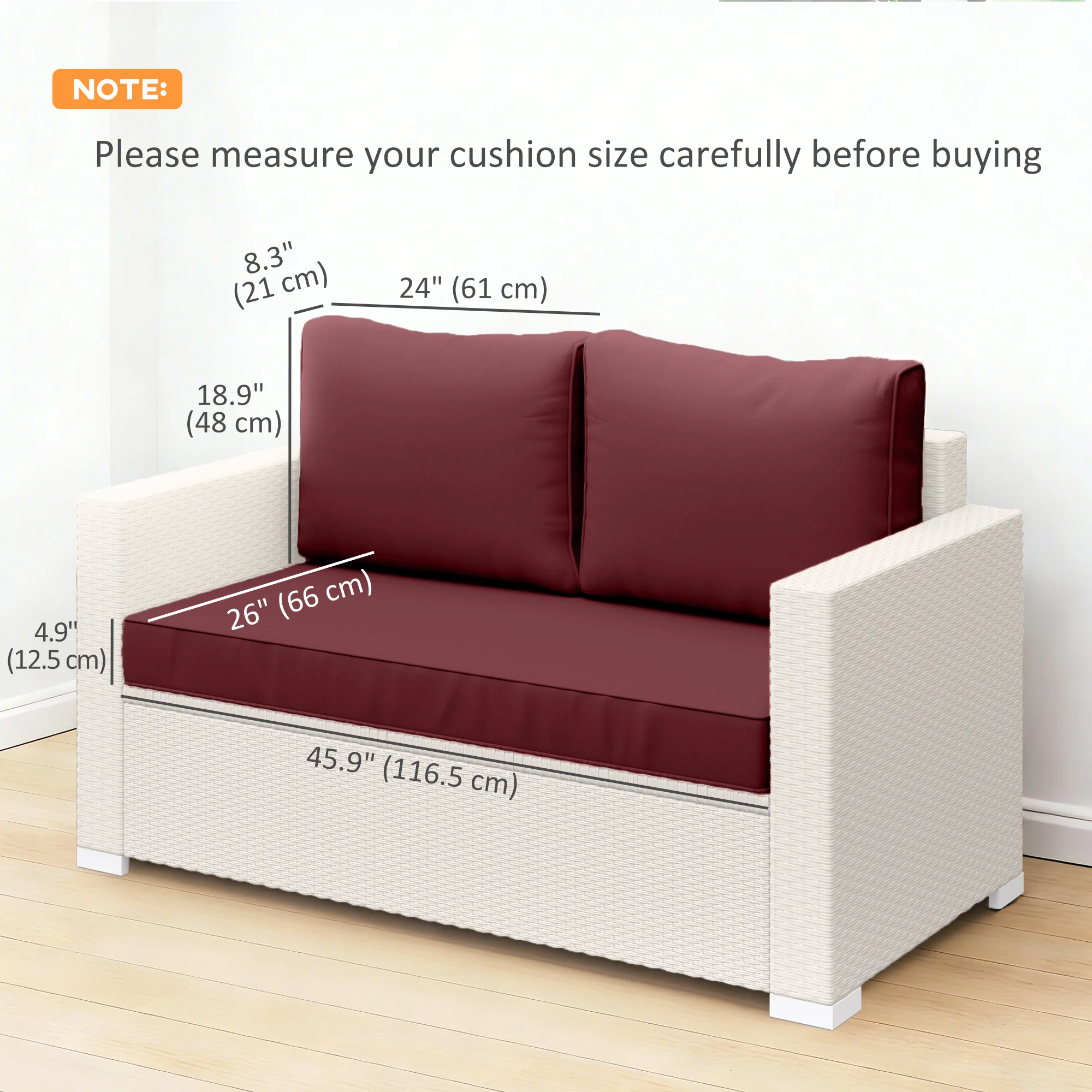 2 Seater Outdoor Seat Cushions with Backrest, Wine Red - Image 5