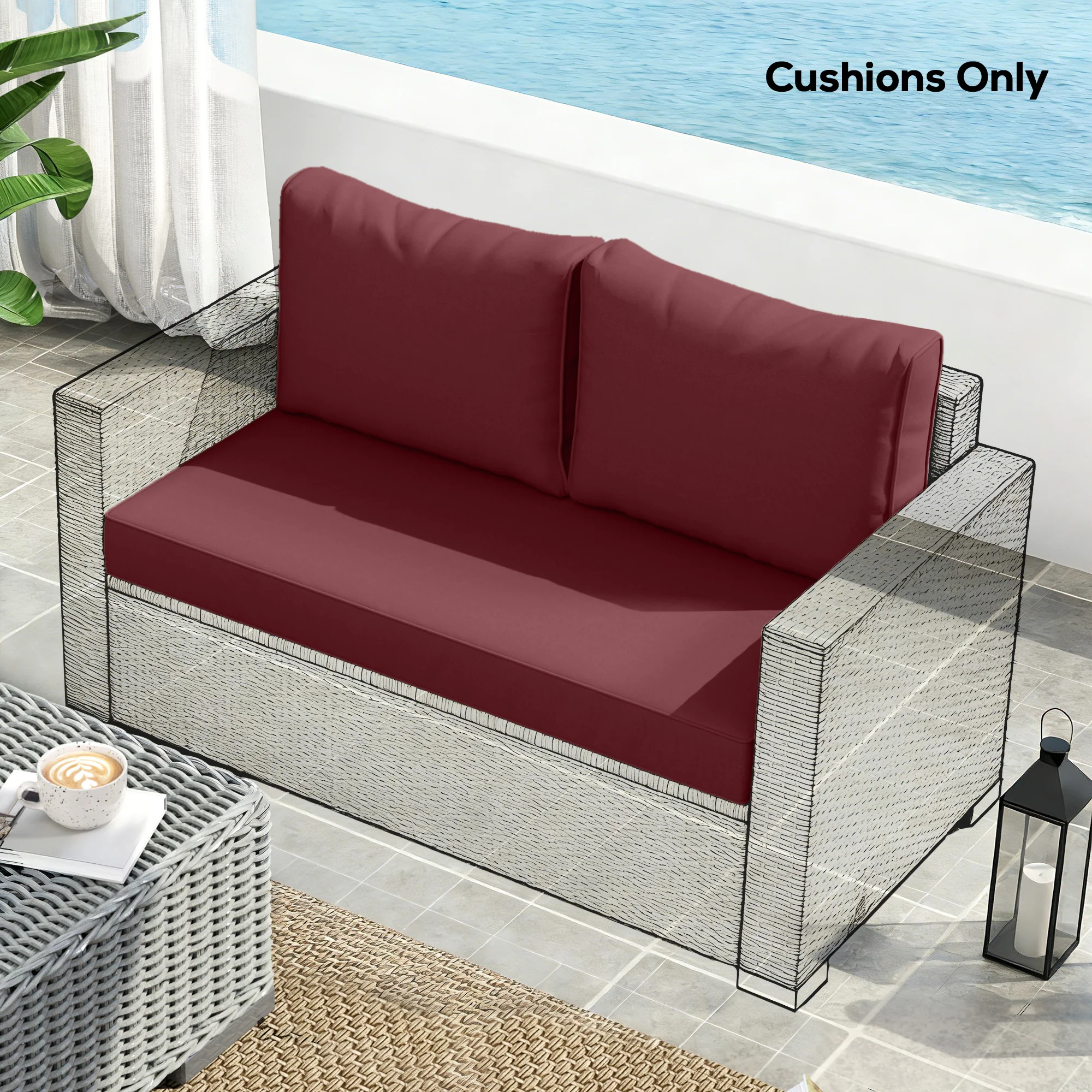 2 Seater Outdoor Seat Cushions with Backrest, Wine Red - Image 9