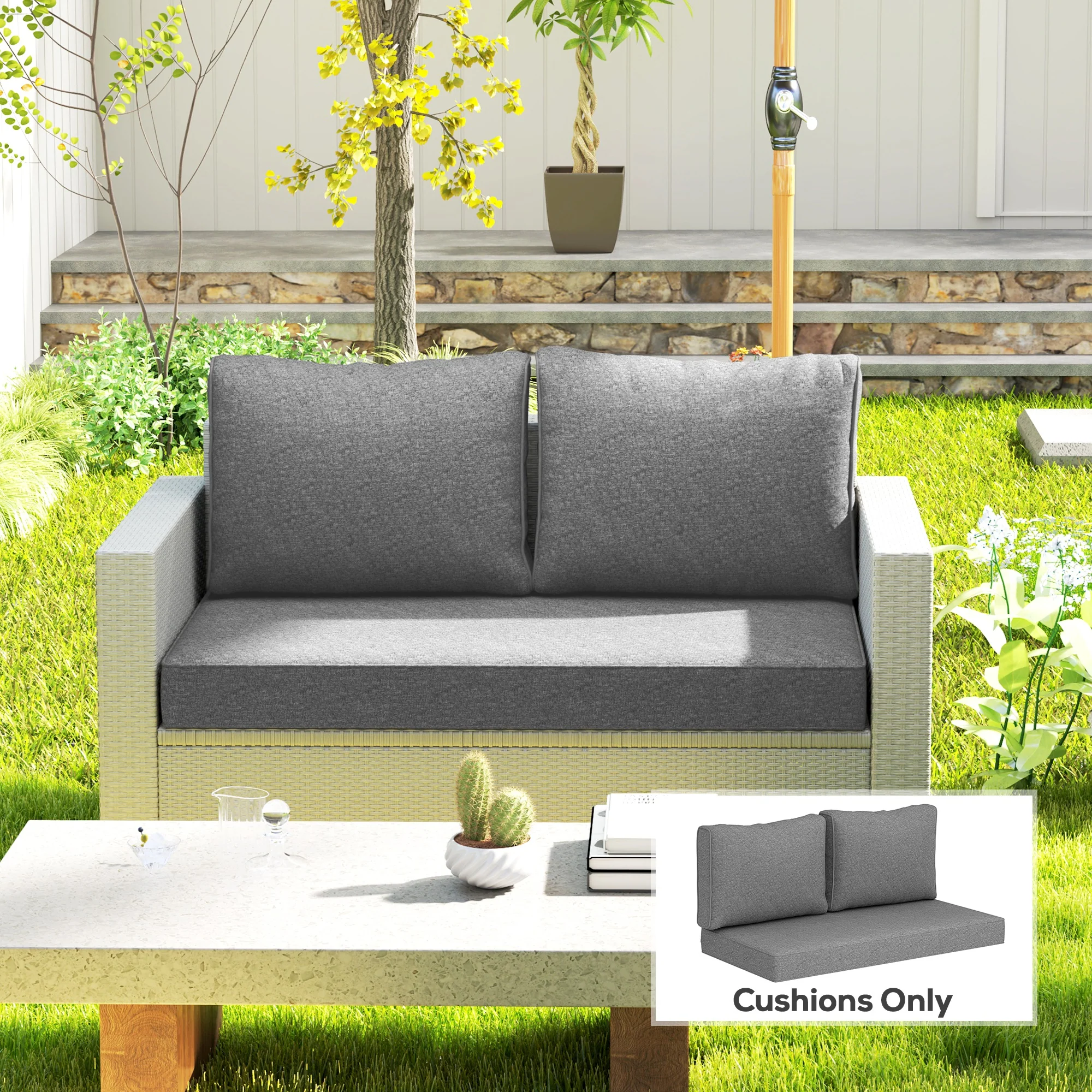 2 Seater Outdoor Seat Cushions with Backrest, Grey - Image 3