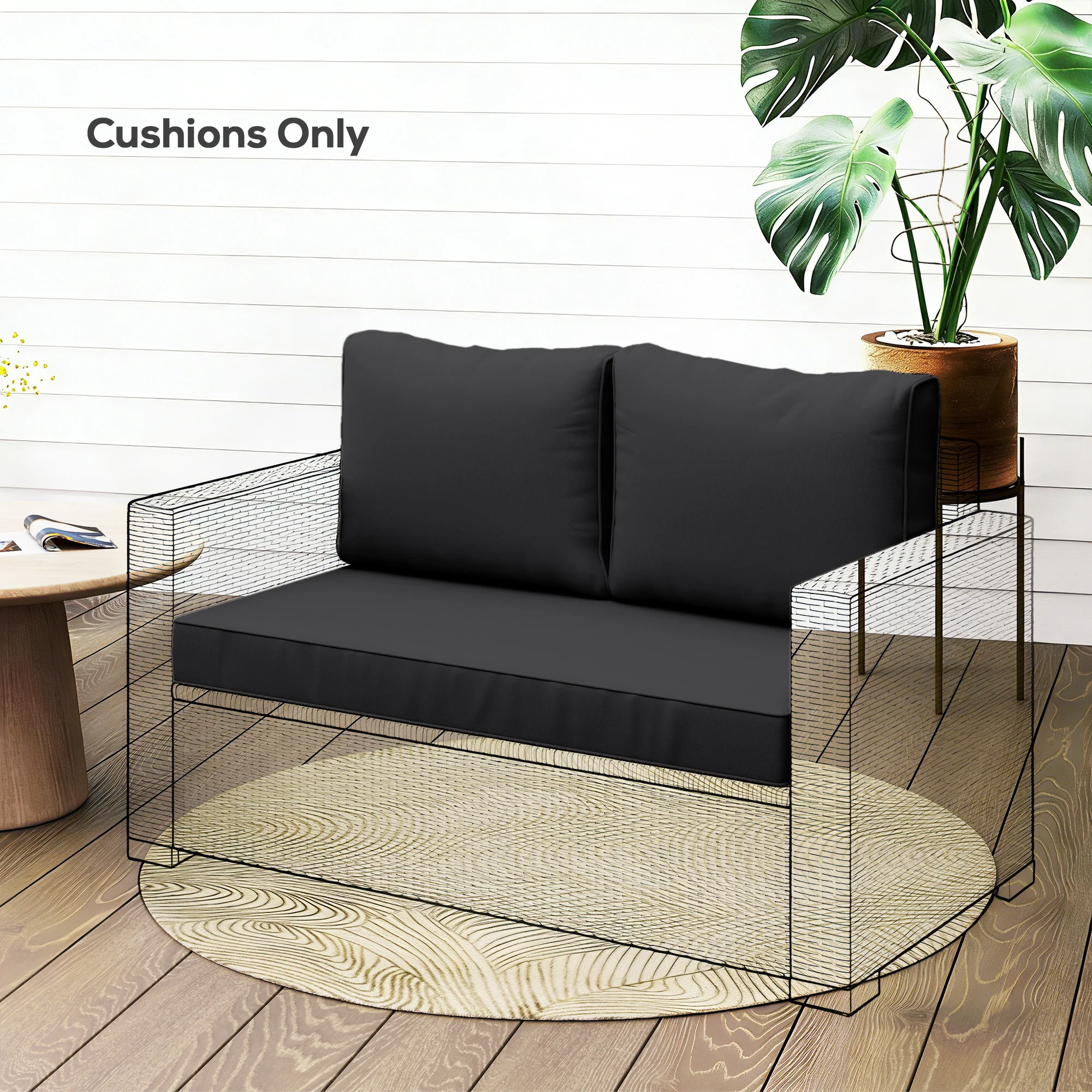 2 Seater Outdoor Seat Cushions with Backrest, Black - Image 3