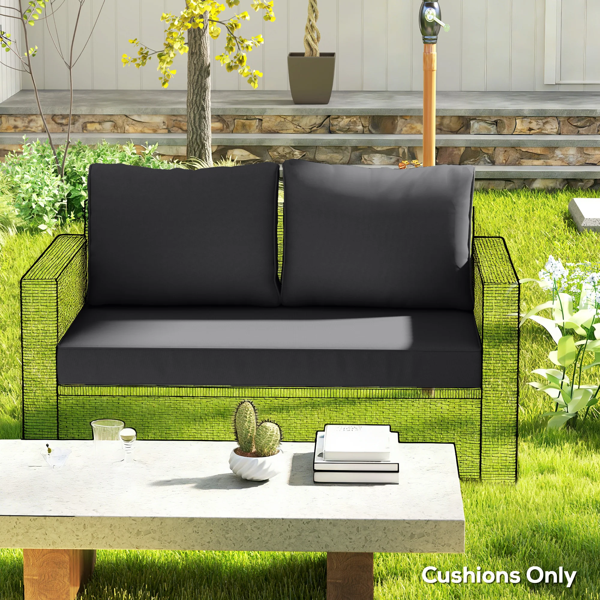 2 Seater Outdoor Seat Cushions with Backrest, Black - Image 4