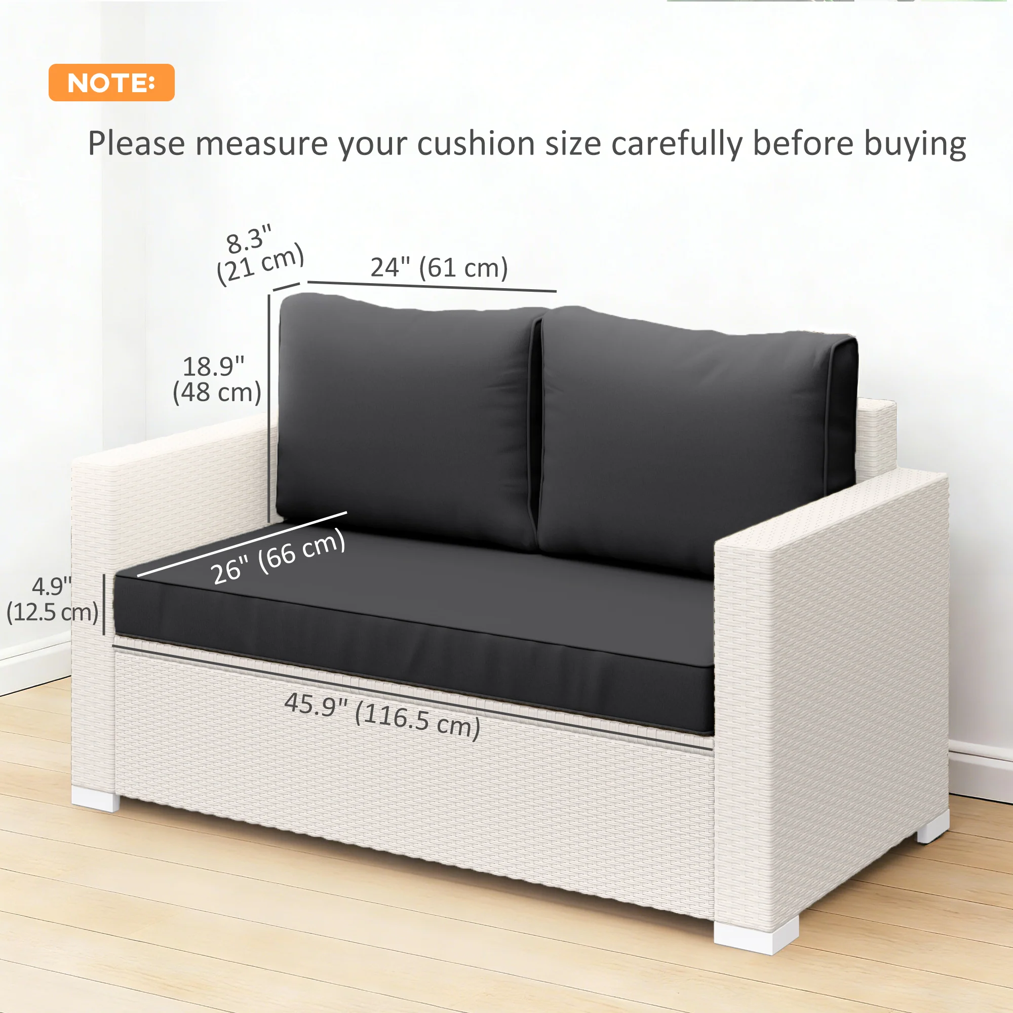 2 Seater Outdoor Seat Cushions with Backrest, Black - Image 5