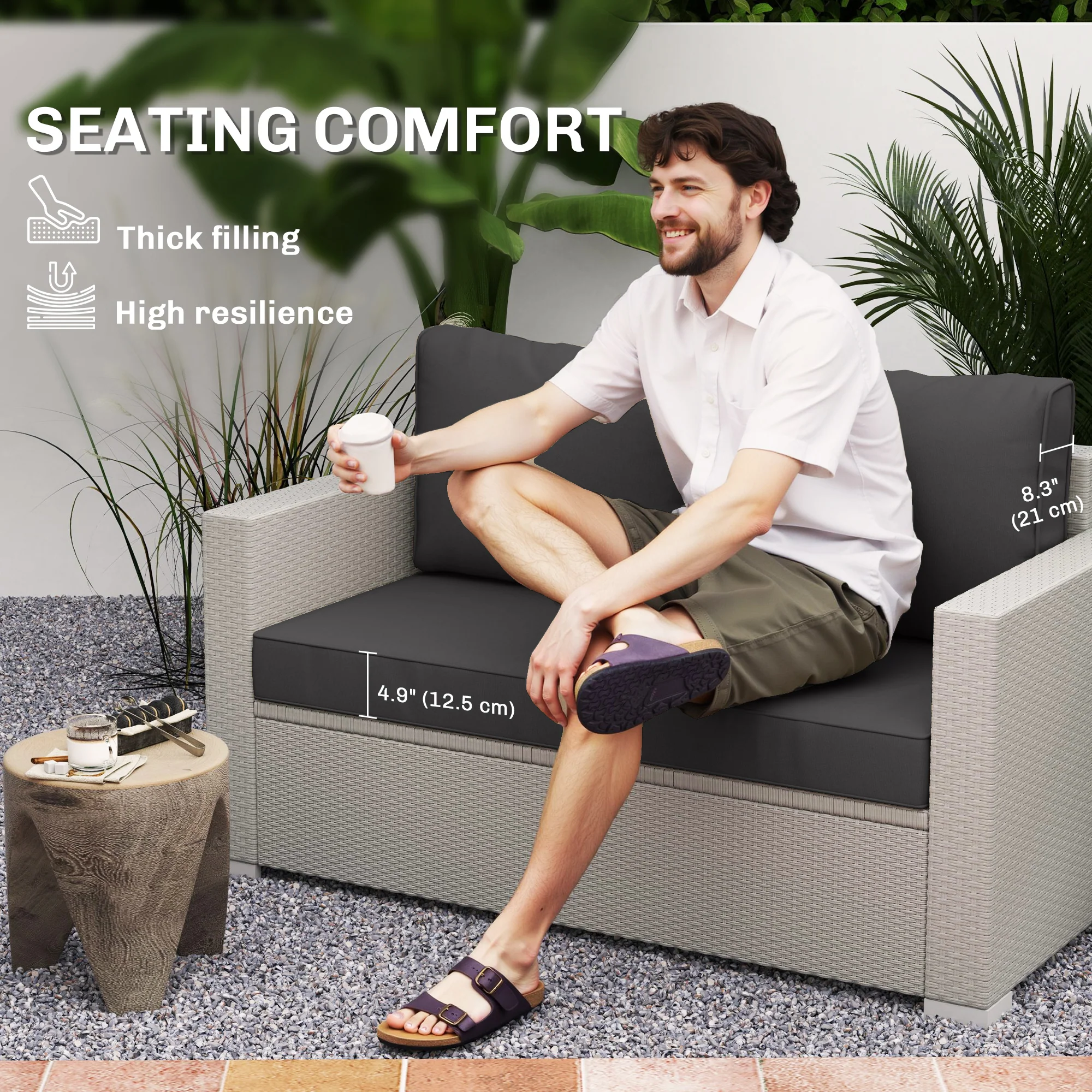 2 Seater Outdoor Seat Cushions with Backrest, Black - Image 6