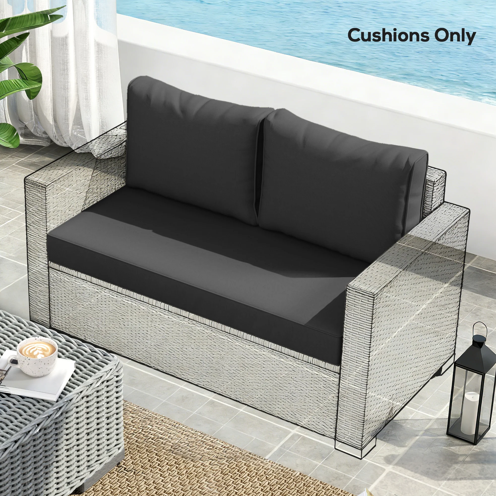 2 Seater Outdoor Seat Cushions with Backrest, Black - Image 9