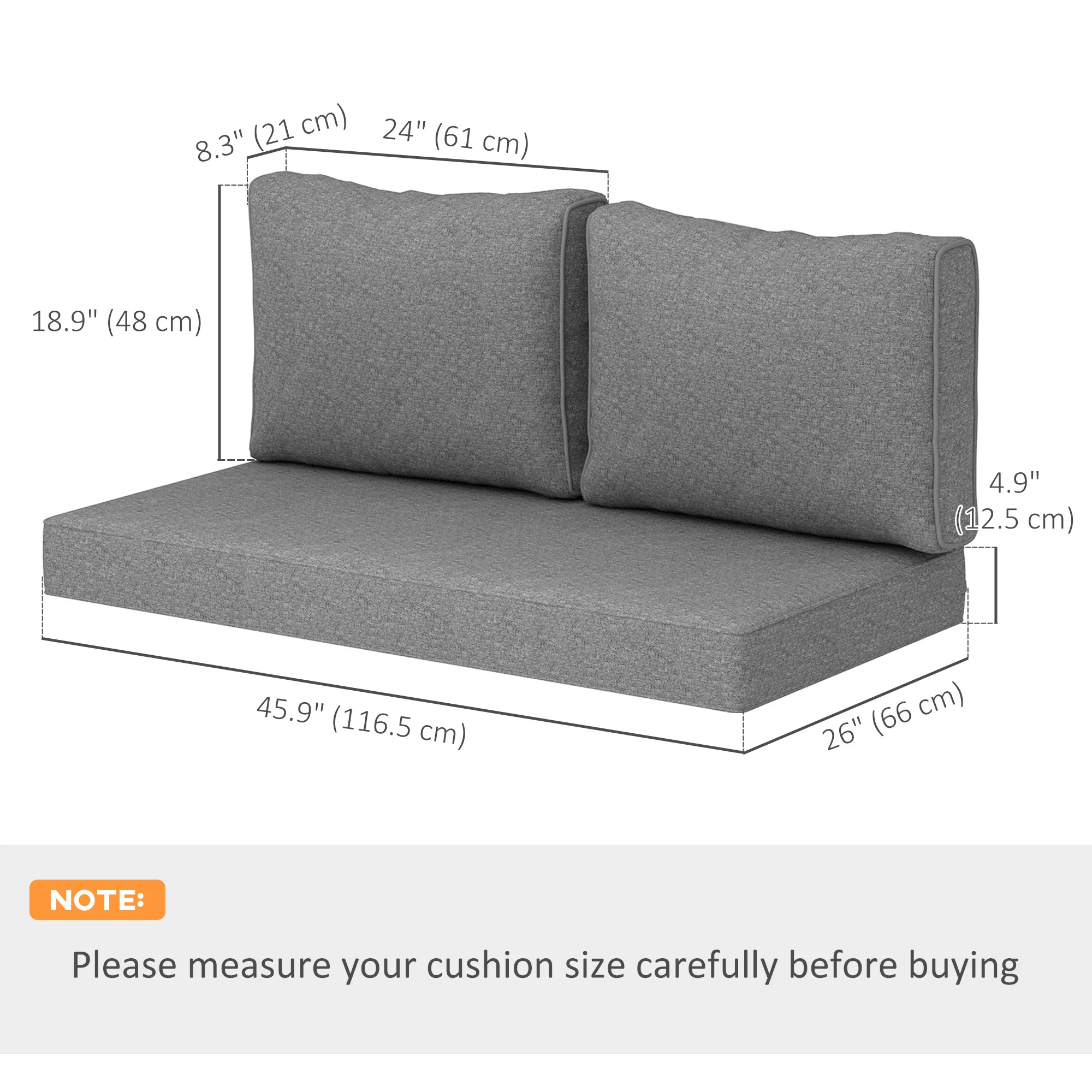 2 Seater Outdoor Seat Cushions with Backrest, Grey - Image 5