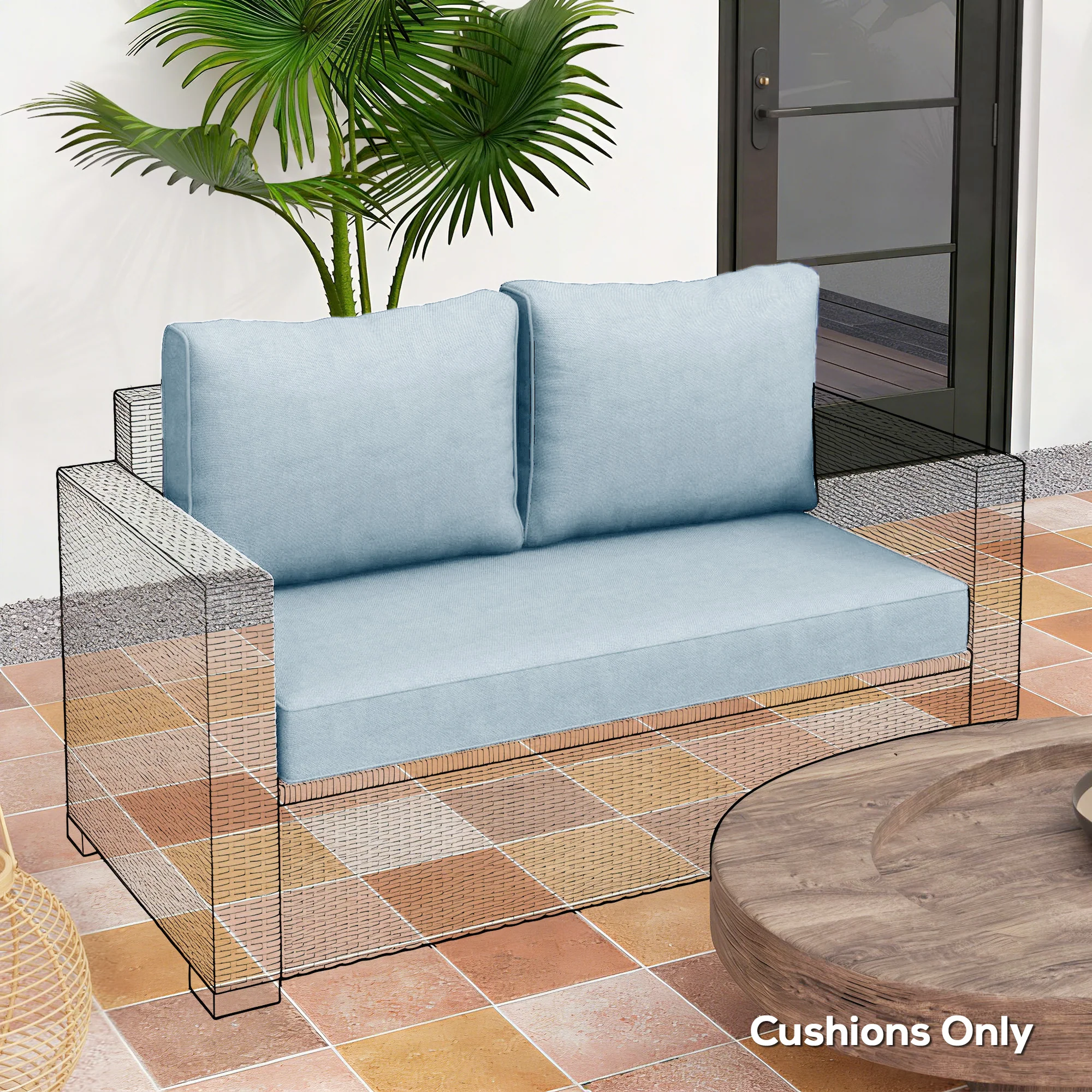 2 Seater Outdoor Seat Cushions with Backrest, Light Blue - Image 11