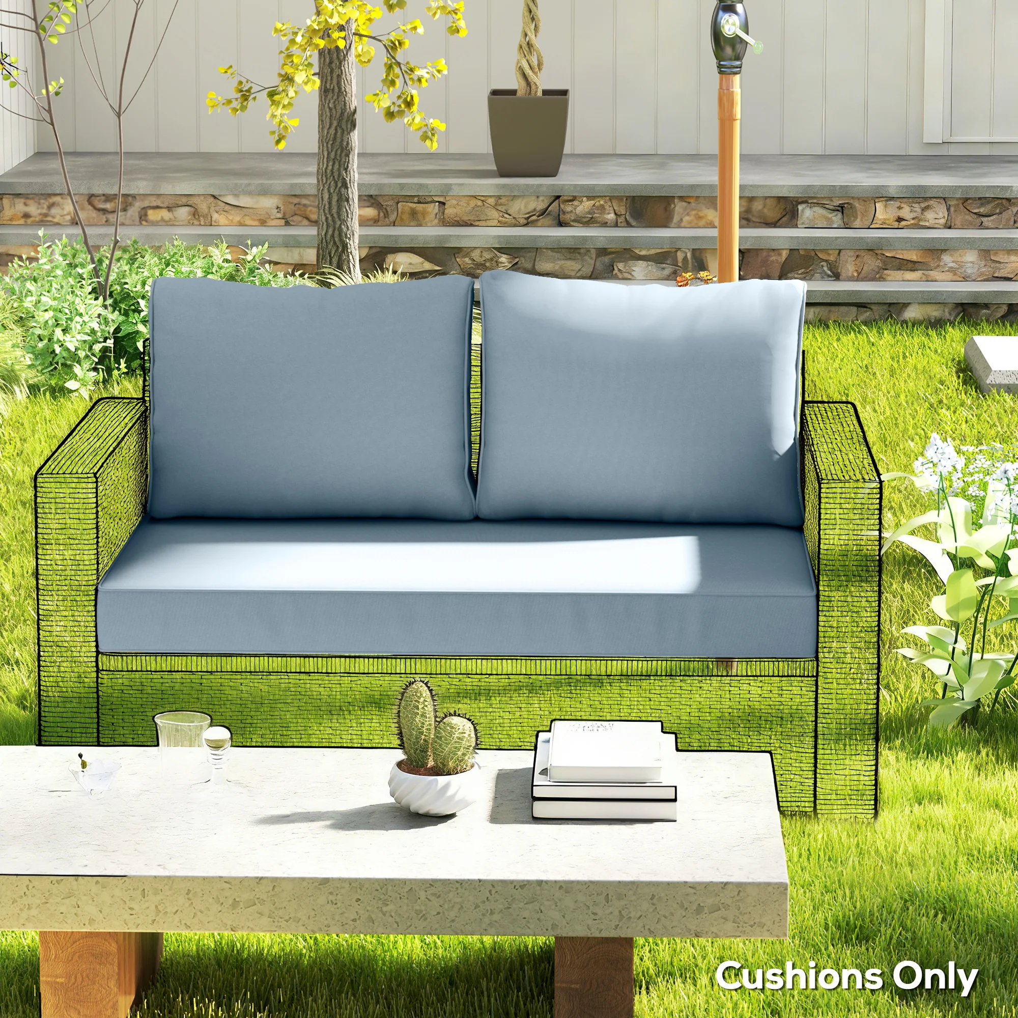 2 Seater Outdoor Seat Cushions with Backrest, Light Blue - Image 4