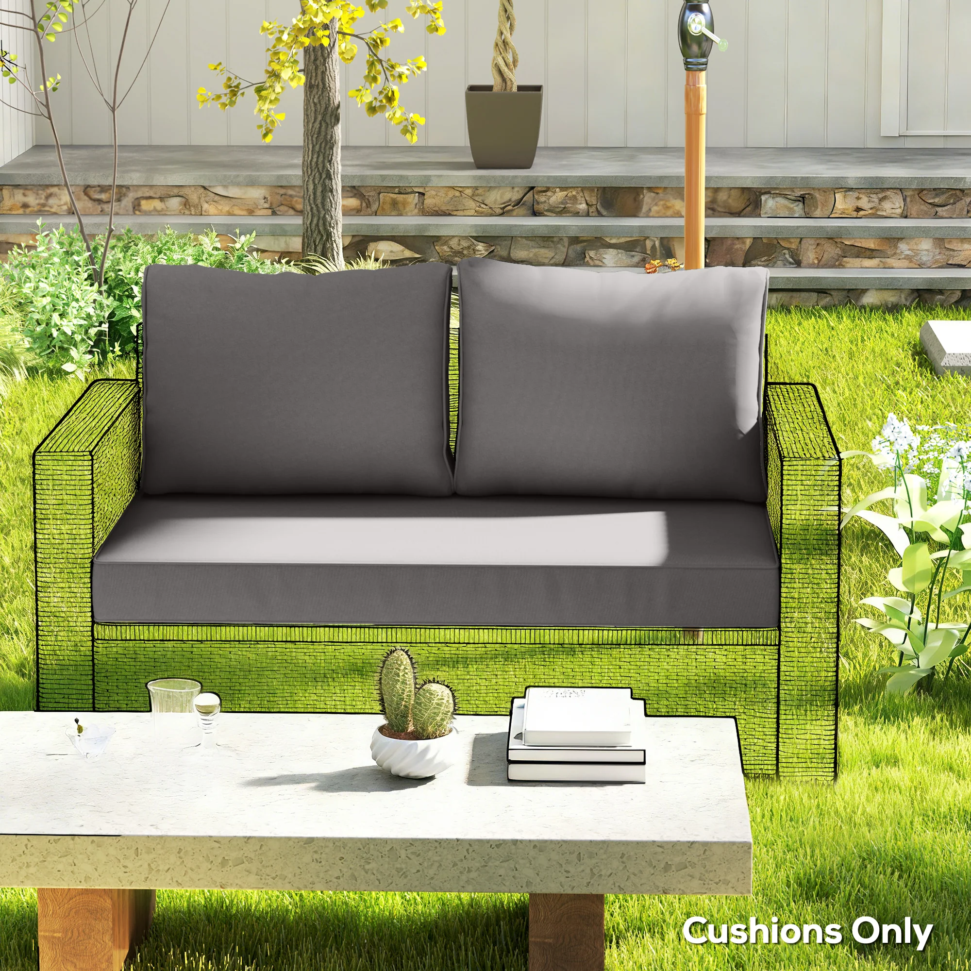 2 Seater Outdoor Seat Cushions with Backrest, Light Grey - Image 4