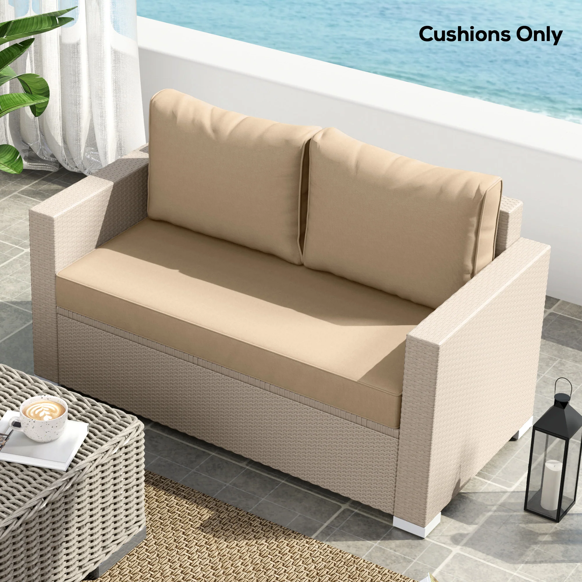 2 Seater Outdoor Seat Cushions with Backrest, Beige - Image 9