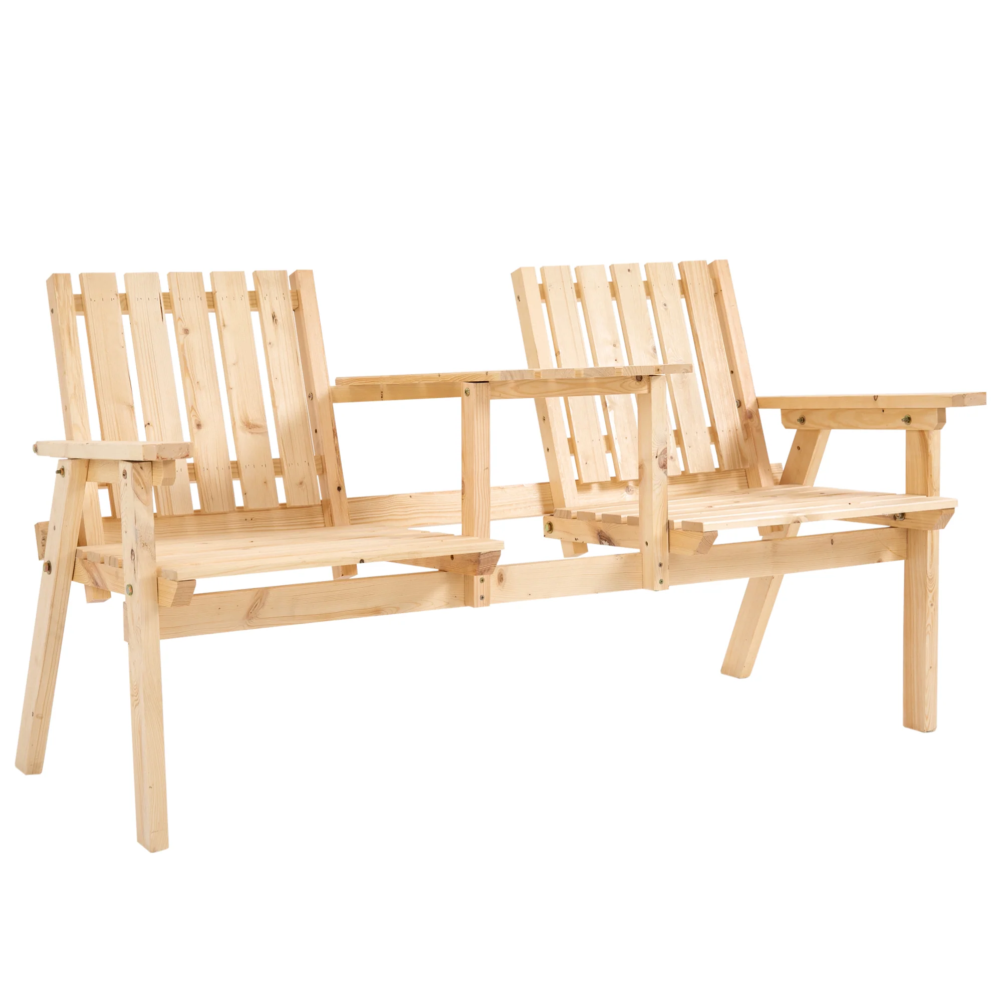 Garden Bench with Middle Table & Umbrella Hole, 2-Seater Wooden Bench, Slat Design, Natural - Image 12