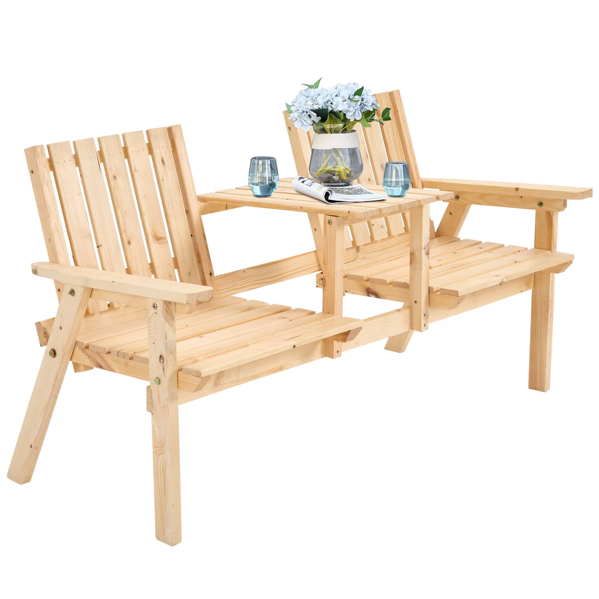 Garden Bench with Middle Table & Umbrella Hole, 2-Seater Wooden Bench, Slat Design, Natural - Image 2