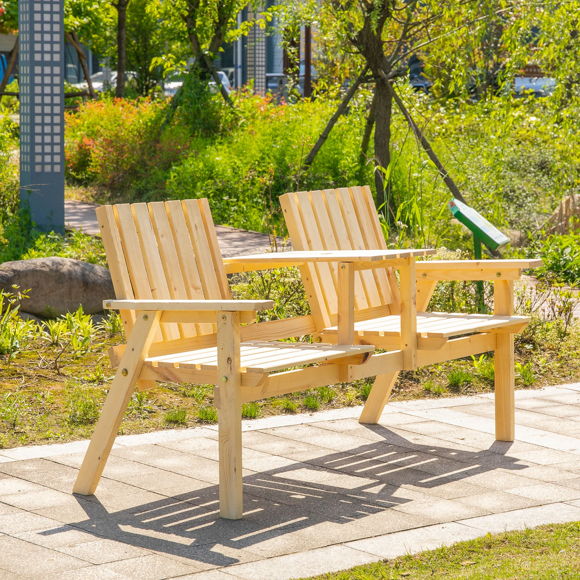 Garden Bench with Middle Table & Umbrella Hole, 2-Seater Wooden Bench, Slat Design, Natural - Image 3