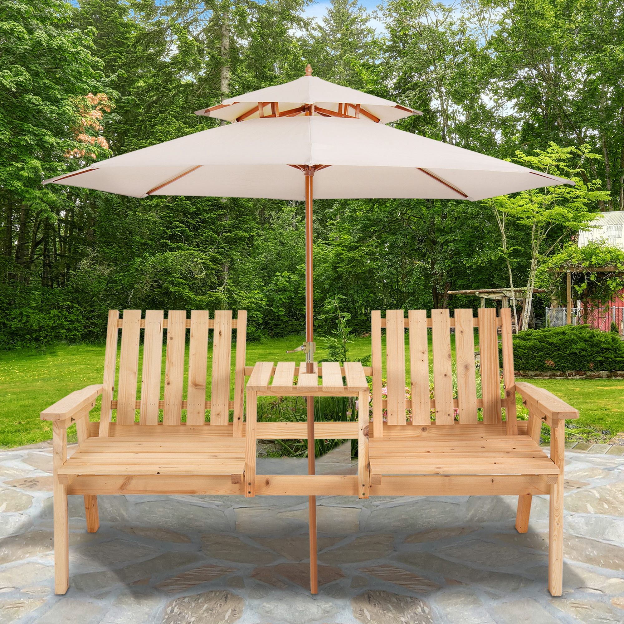 Garden Bench with Middle Table & Umbrella Hole, 2-Seater Wooden Bench, Slat Design, Natural - Image 4