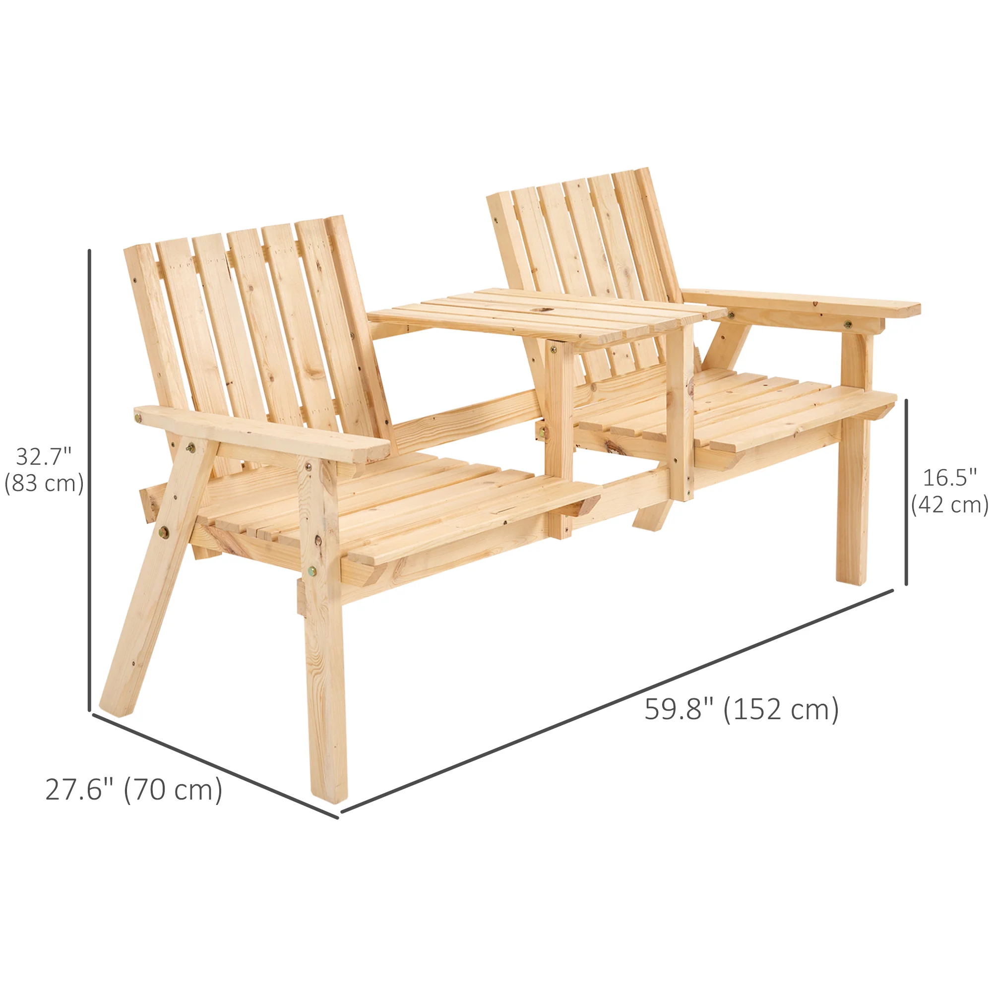 Garden Bench with Middle Table & Umbrella Hole, 2-Seater Wooden Bench, Slat Design, Natural - Image 5