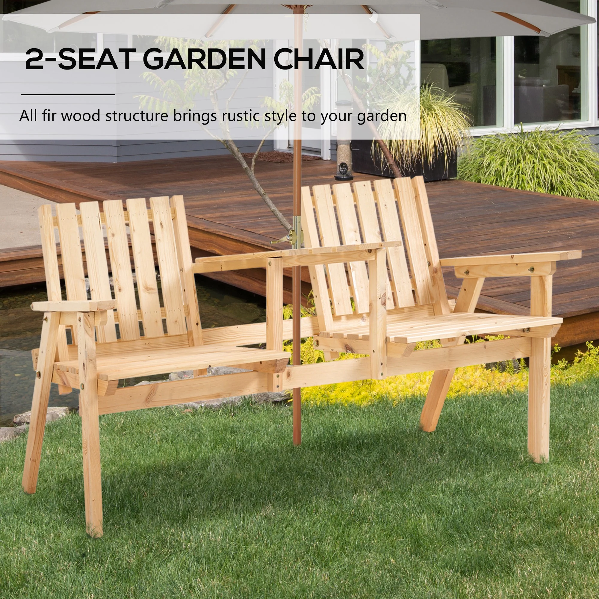Garden Bench with Middle Table & Umbrella Hole, 2-Seater Wooden Bench, Slat Design, Natural - Image 6