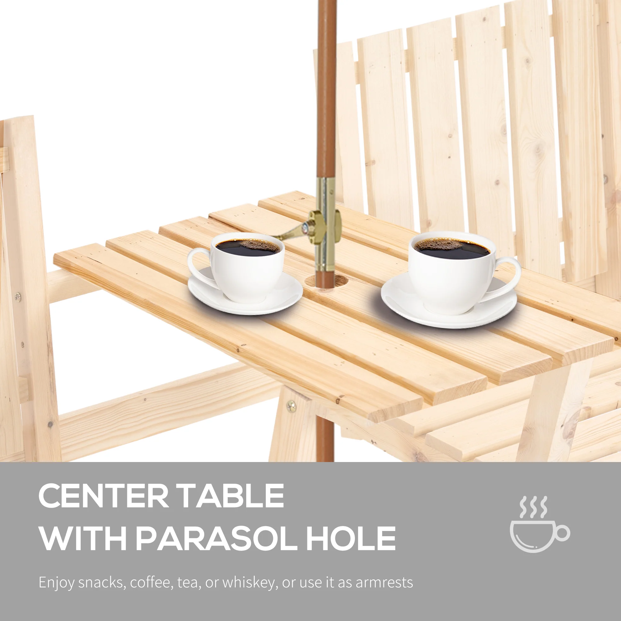 Garden Bench with Middle Table & Umbrella Hole, 2-Seater Wooden Bench, Slat Design, Natural - Image 7