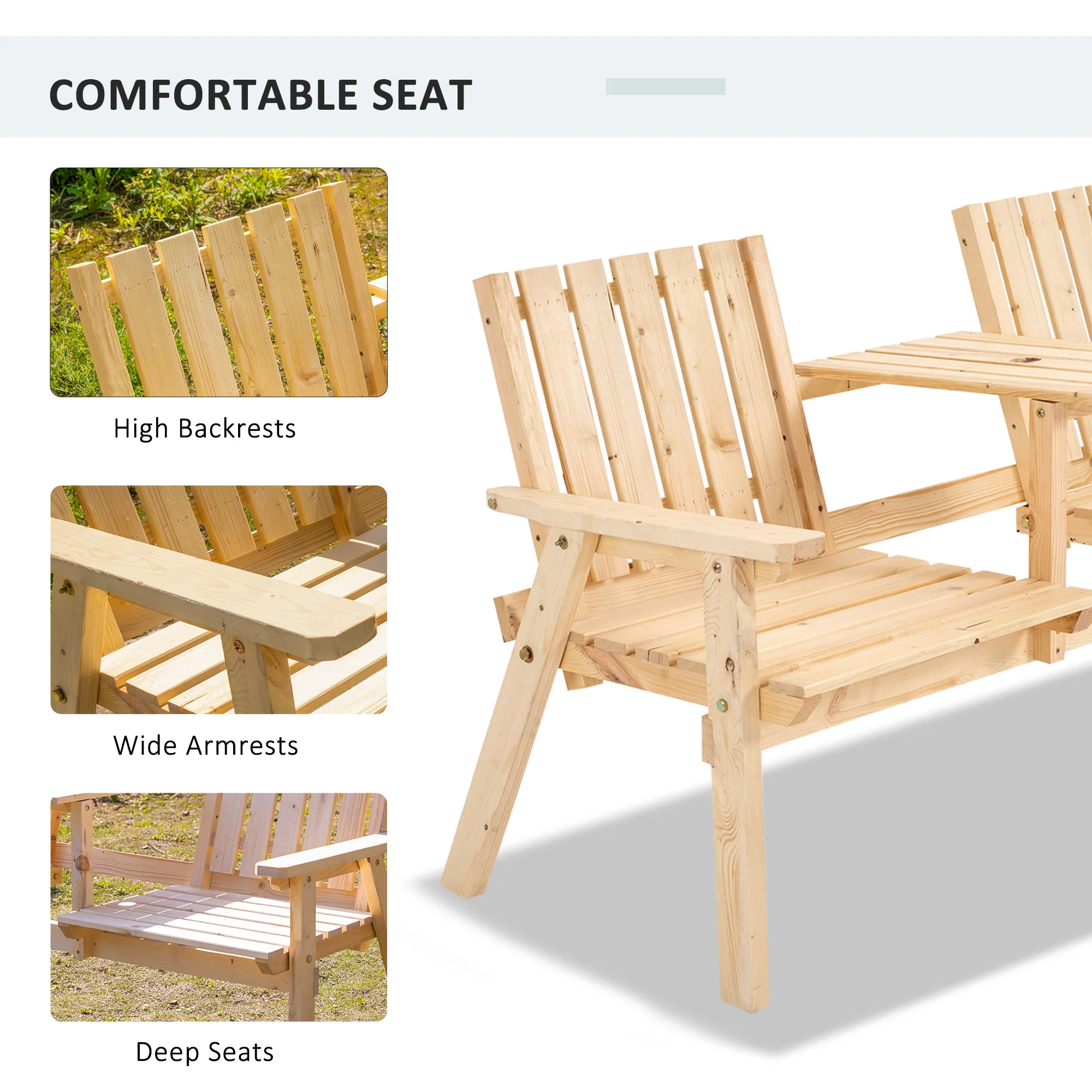 Garden Bench with Middle Table & Umbrella Hole, 2-Seater Wooden Bench, Slat Design, Natural - Image 9