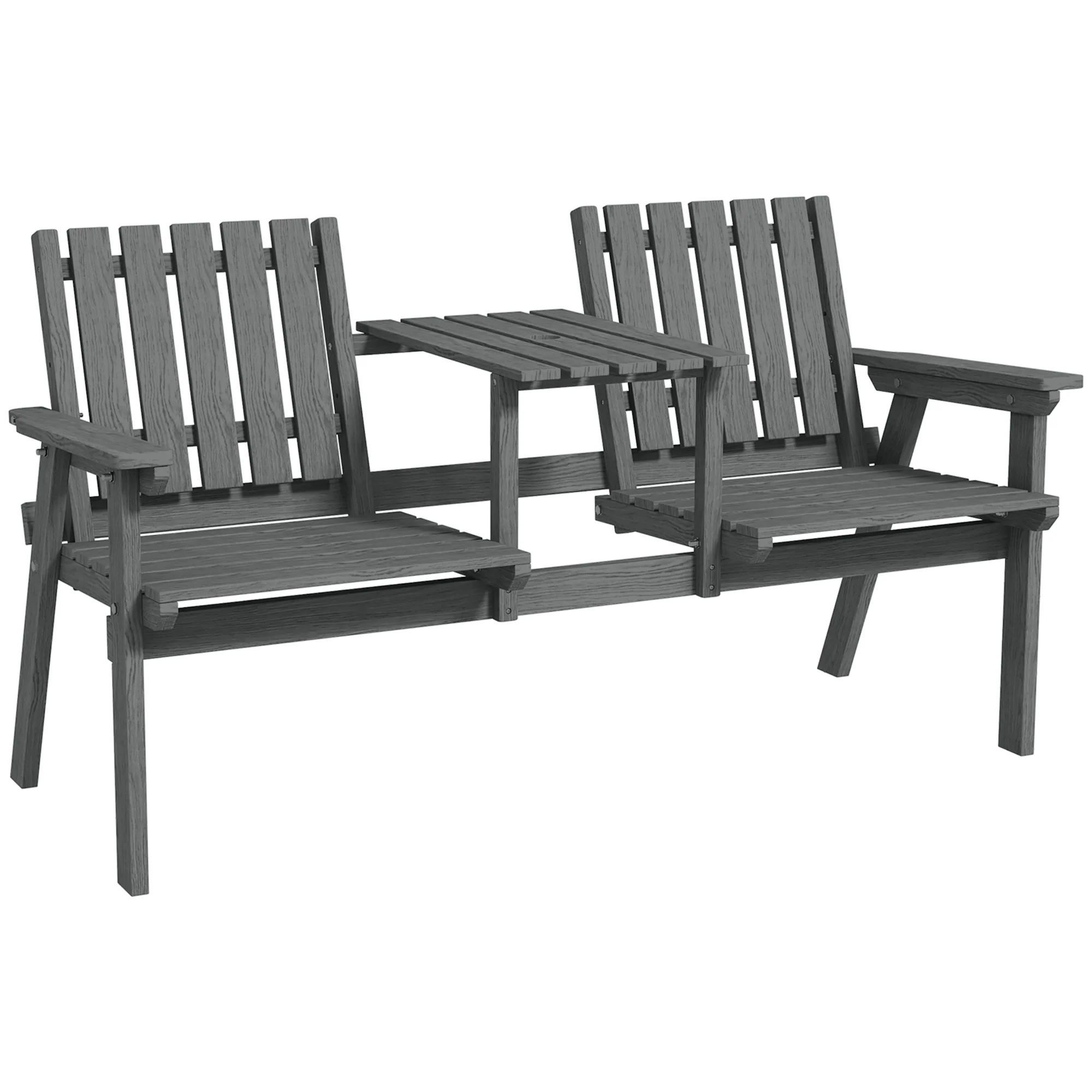 Garden Bench with Middle Table & Umbrella Hole, 2-Seater Wooden Bench, Slat Design, Grey - Image 12